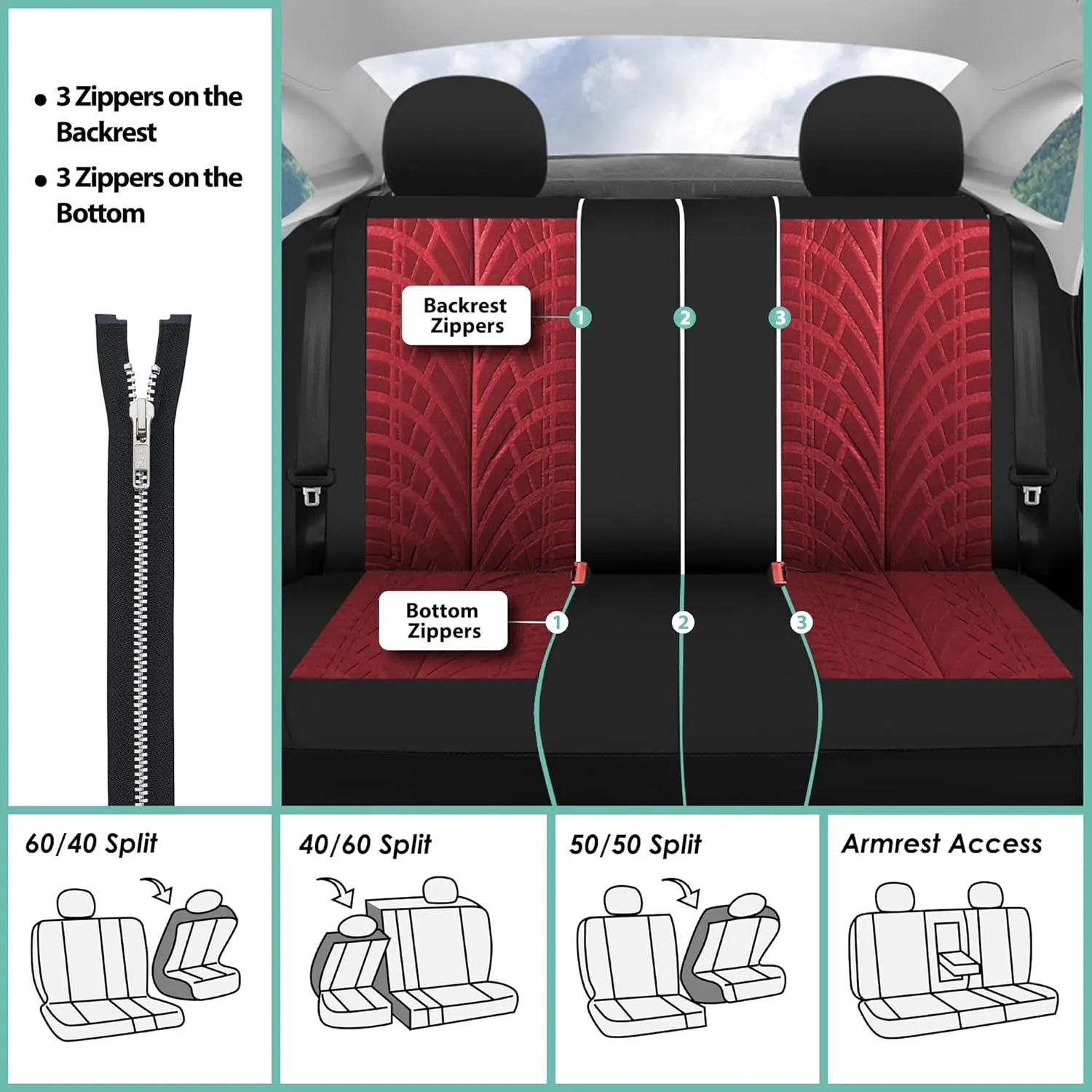 FH Group Car Seat Covers Full Set Premium Cloth - Universal Fit,Automotive SeatCover,Low Back Front SeatCover,Airbag Compatible,Split Bench Rear Seat,Washable SeatCover for SUV,Sedan Burgundy