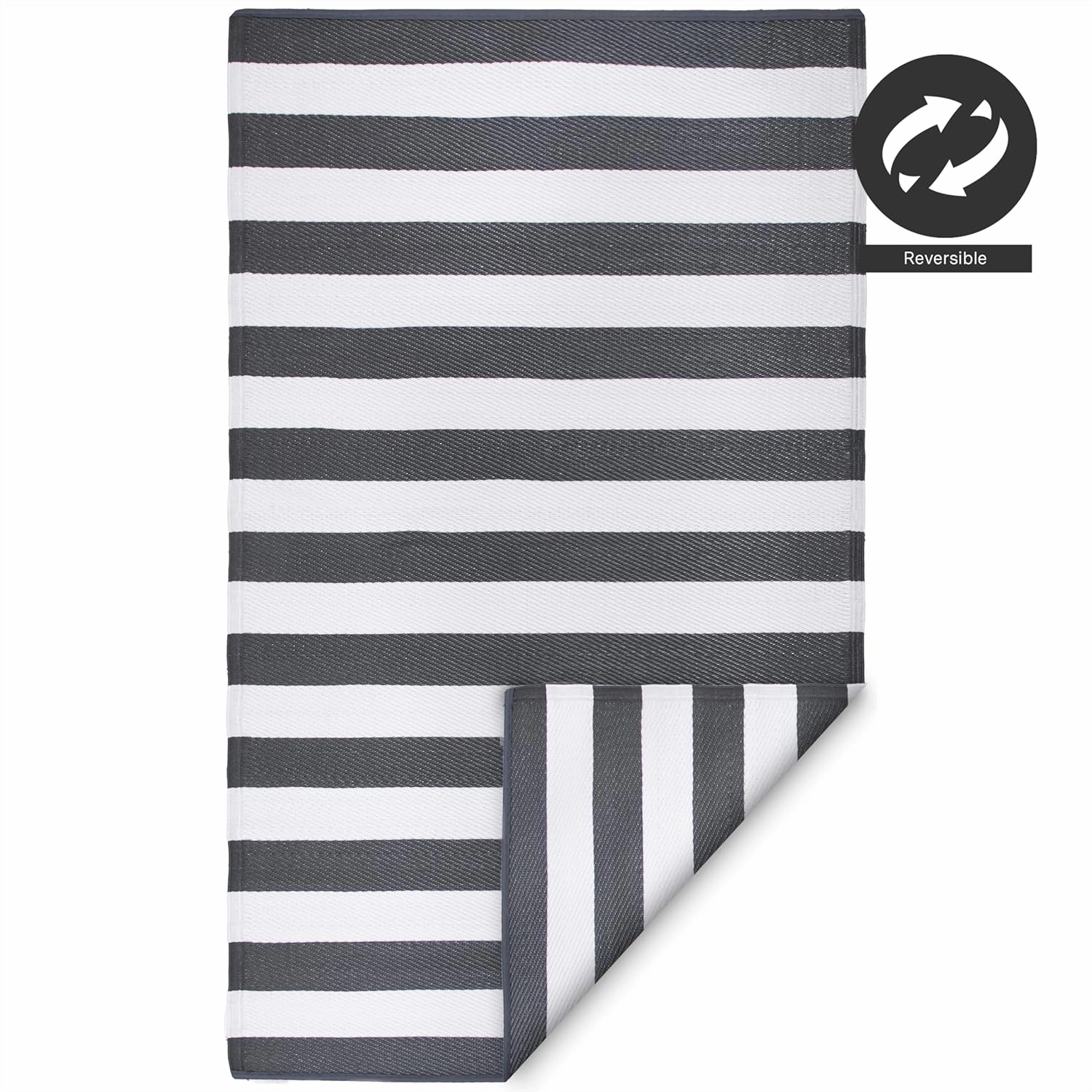 FH Home Outdoor Rug - Waterproof, Fade Resistant, Reversible - Premium Recycled Plastic - Striped - Large Patio, Deck, Sunroom, RV, Camping - Brittany Stripe - Gray & White - 9 x 12 ft Foldable