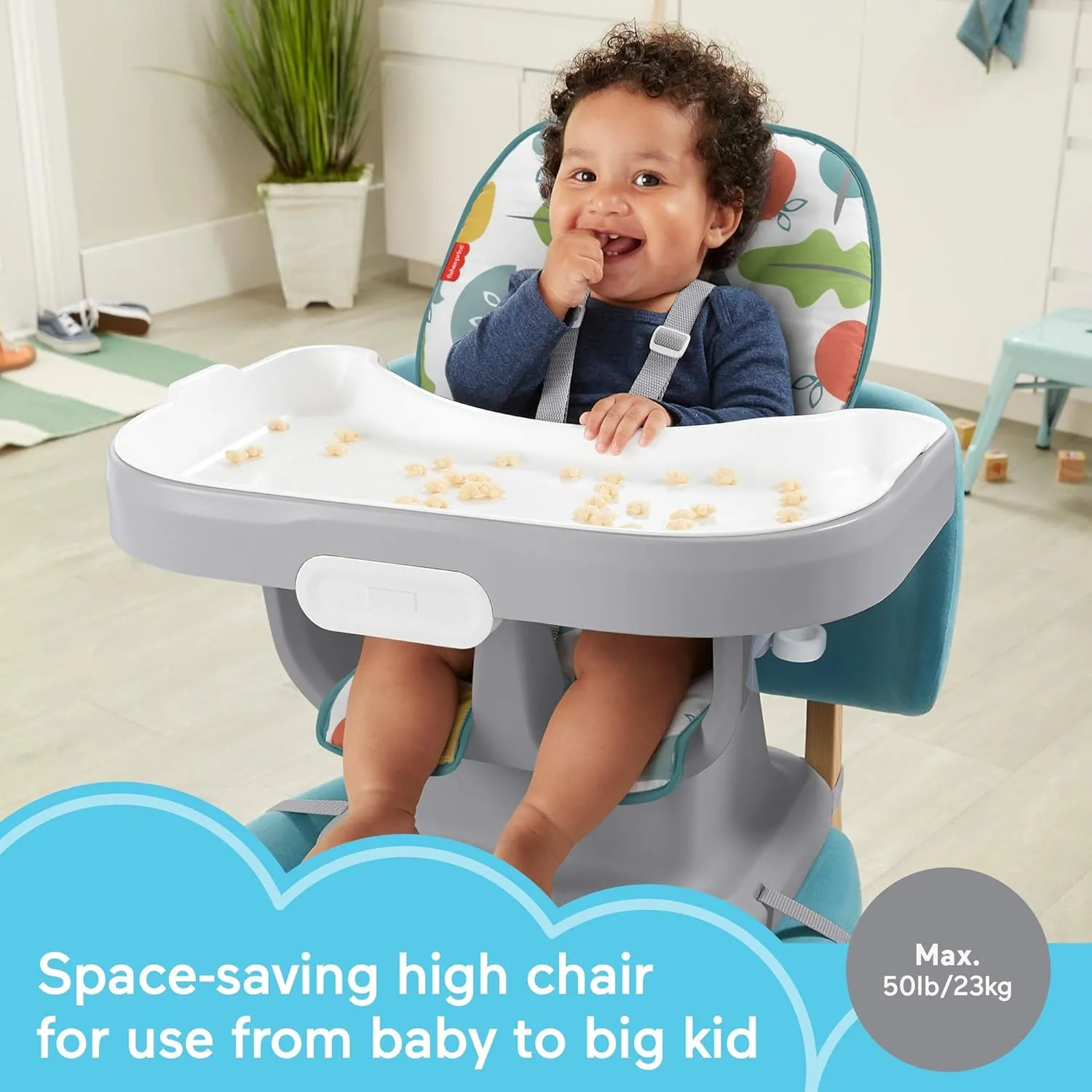 Fisher-Price Baby to Toddler High Chair SpaceSaver Simple Clean Portable Dining Seat & Booster with Washable Deep Tray & Liner, Pearfection