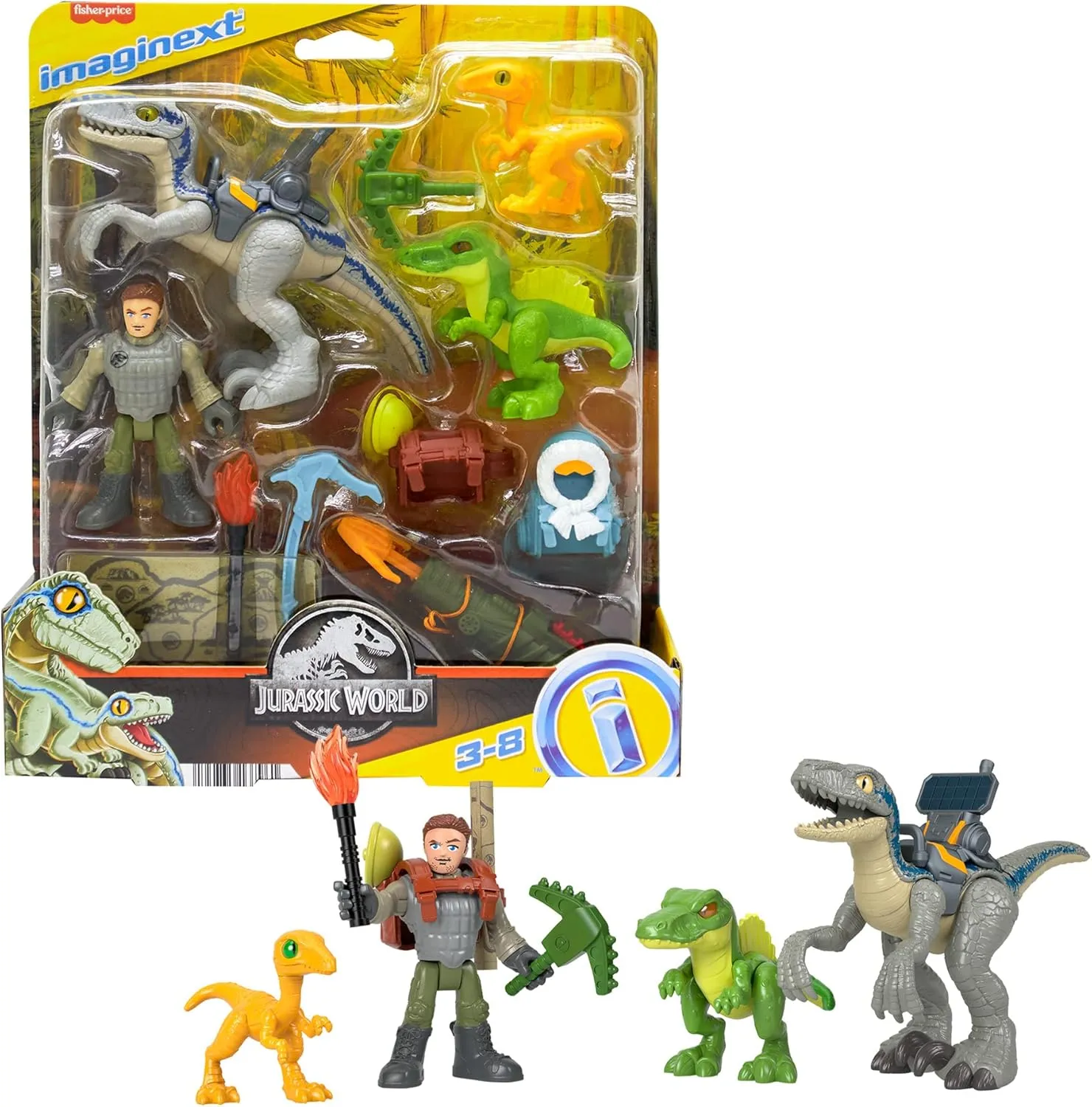 Fisher-Price Imaginext Jurassic World Dinosaur Toys Track & Trail Dino Pack Play Set with Owen Grady & Blue The Raptor for Ages 3  Years