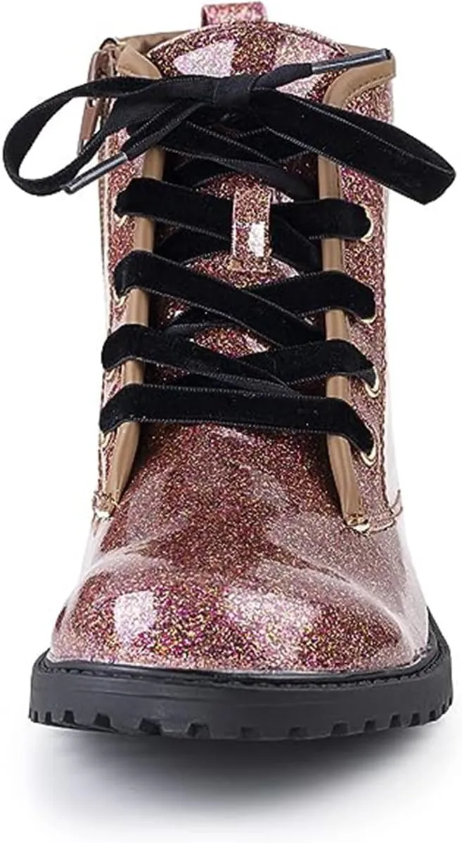 FITORY Girls/Boys Glitter Ankle Boots, Lace Up Waterproof Combat Shoes With Side Zipper for Toddler/Little Kid/Big Kid