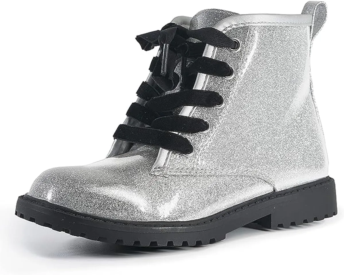 FITORY Girls/Boys Glitter Ankle Boots, Lace Up Waterproof Combat Shoes With Side Zipper for Toddler/Little Kid/Big Kid