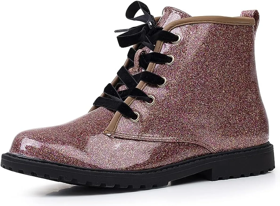 FITORY Girls/Boys Glitter Ankle Boots, Lace Up Waterproof Combat Shoes With Side Zipper for Toddler/Little Kid/Big Kid
