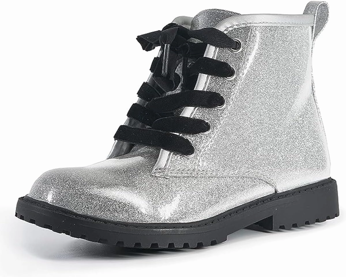 FITORY Girls/Boys Glitter Ankle Boots, Lace Up Waterproof Combat Shoes With Side Zipper for Toddler/Little Kid/Big Kid
