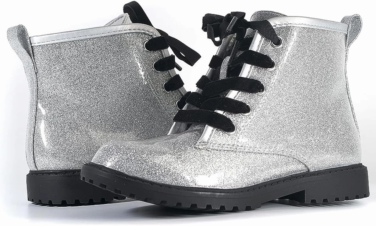FITORY Girls/Boys Glitter Ankle Boots, Lace Up Waterproof Combat Shoes With Side Zipper for Toddler/Little Kid/Big Kid