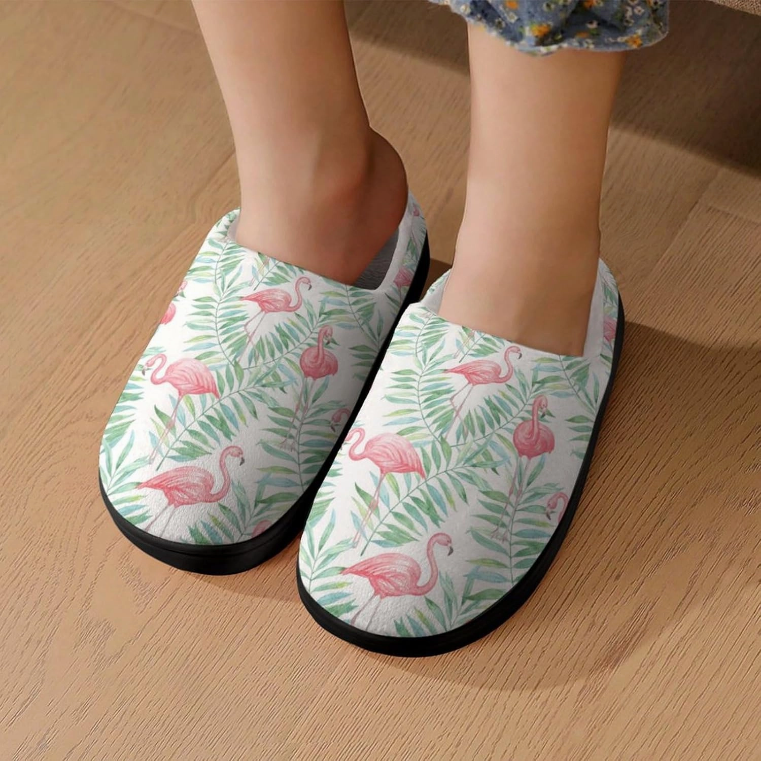Flamingo And Tropical Leaves Print Slippers for Boys Girls Home Cotton Slippers Non-Slip Warm Little Kids Slippers