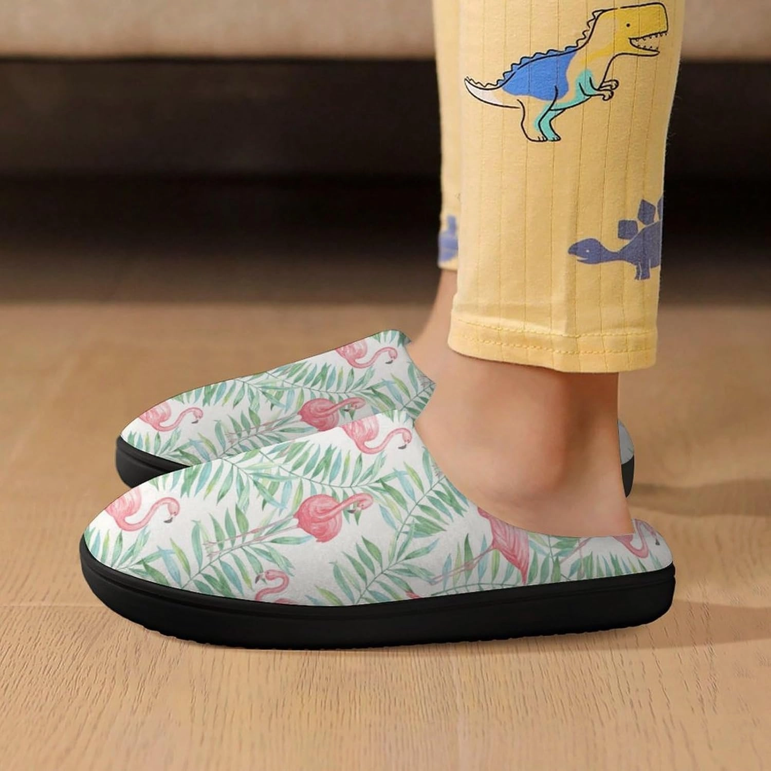 Flamingo And Tropical Leaves Print Slippers for Boys Girls Home Cotton Slippers Non-Slip Warm Little Kids Slippers