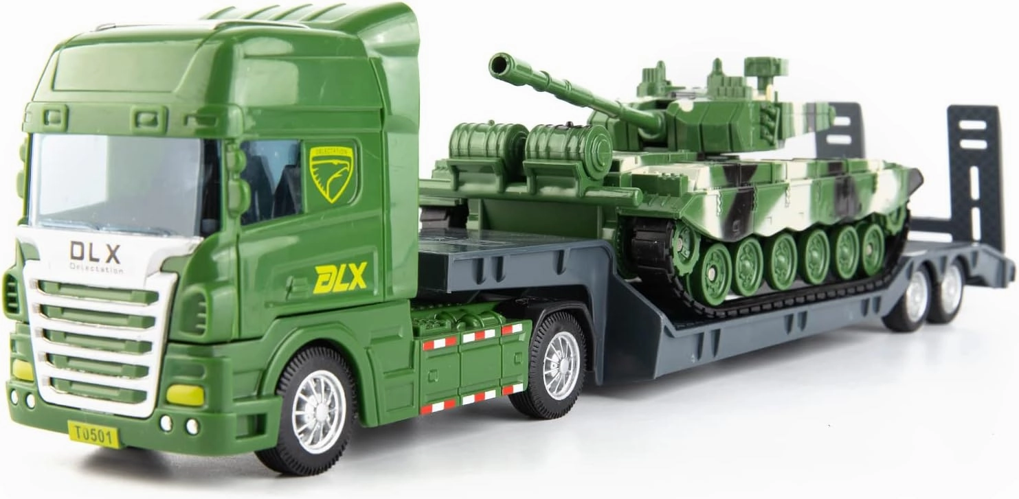 Flatbed Truck Toy with Tank,Army Toys, Semi Flatbed Trailer-Push and Go Toy Trucks, Construction Trucks for Toddlers,Plastic Toy,Gift for Age 3 and up Kids Toddlers Children Present