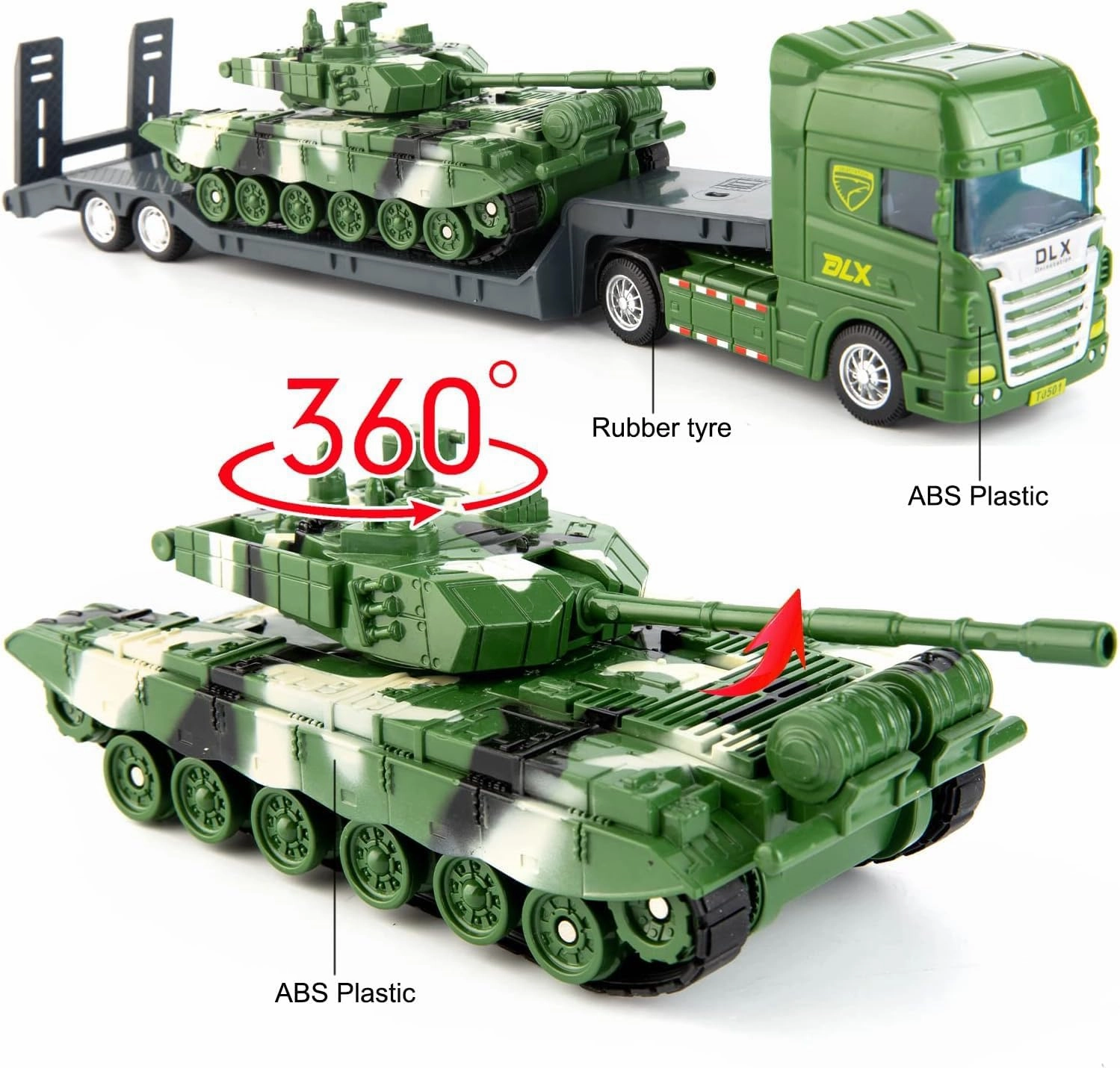 Flatbed Truck Toy with Tank,Army Toys, Semi Flatbed Trailer-Push and Go Toy Trucks, Construction Trucks for Toddlers,Plastic Toy,Gift for Age 3 and up Kids Toddlers Children Present