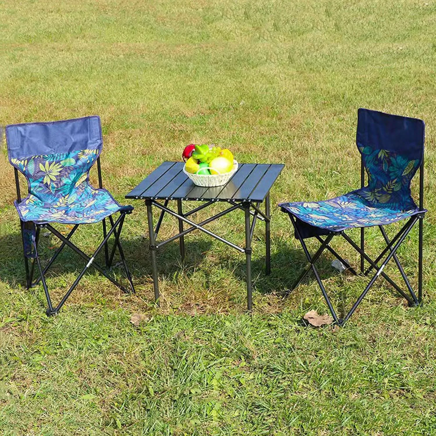 Folding Outdoor Camping Picnic Tables and Chairs, Carbon Steel Foldable Roll-up Table Top Small Picnic Table, Portable Fishing Chair Set, Easy to Assemble