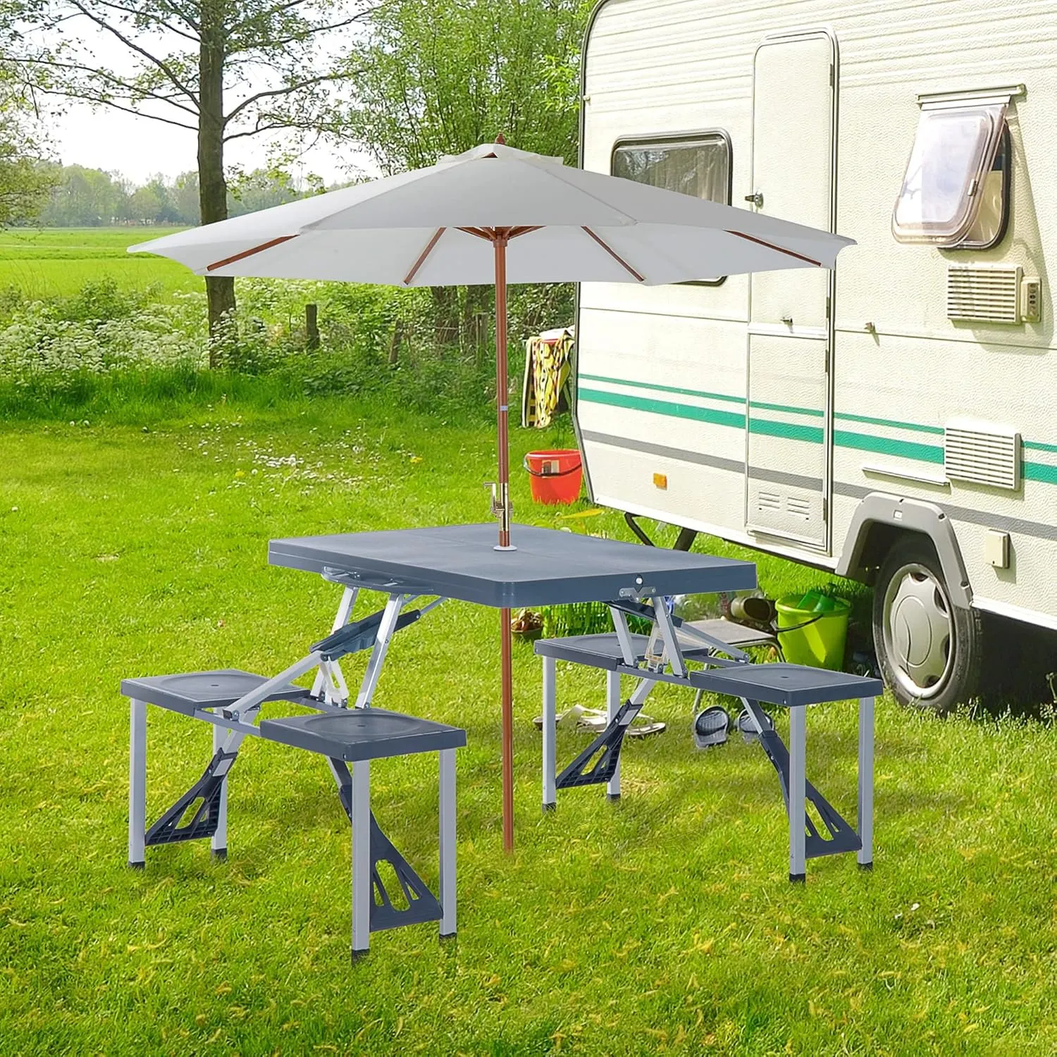 Folding Picnic Table Set with 4 Seats & Umbrella Hole, Portable Camping Chairs, Lightweight Aluminum Frame, Easy Setup & Takedown for Camping & Outdoor Activities, Dark Grey