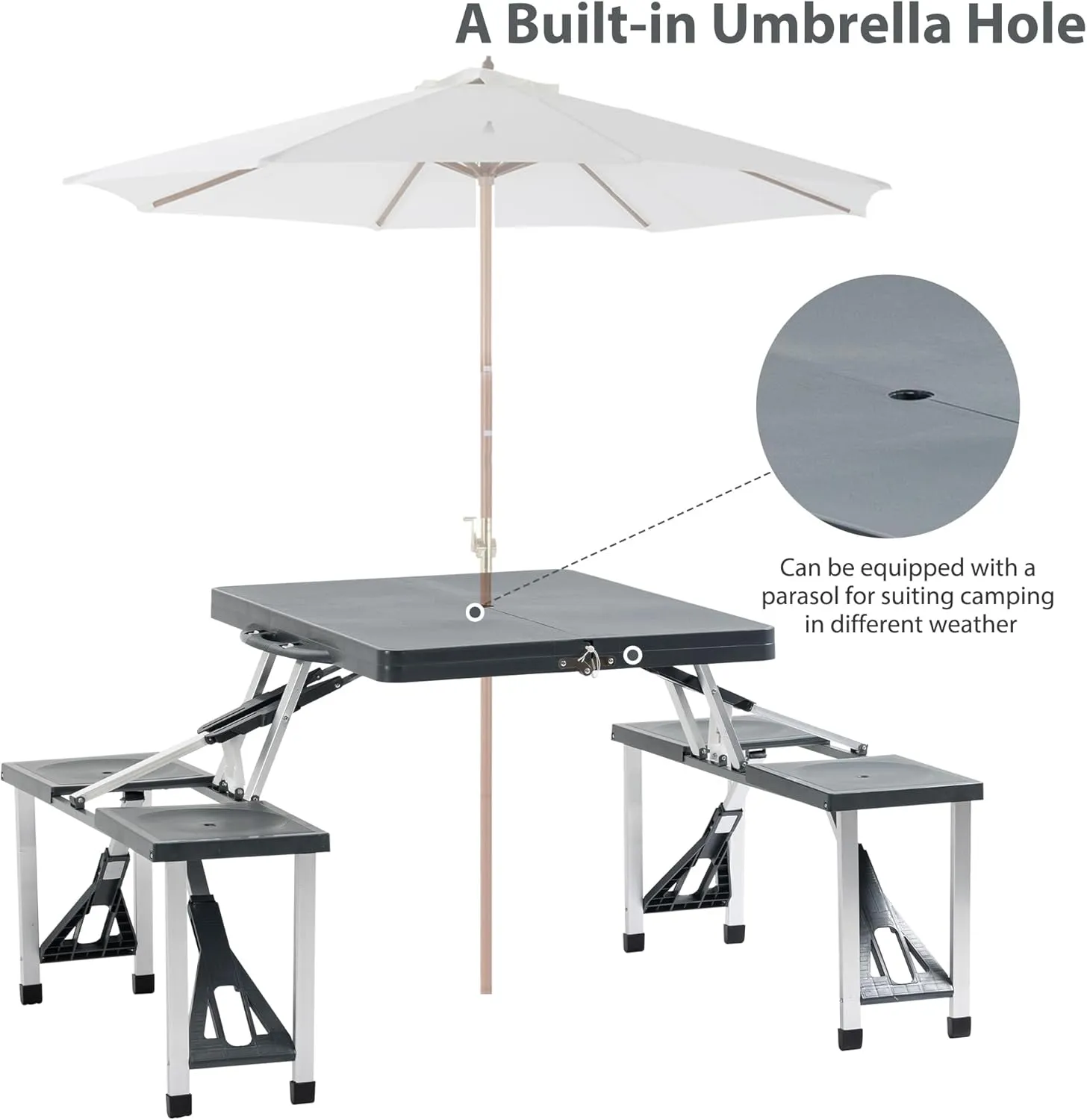 Folding Picnic Table Set with 4 Seats & Umbrella Hole, Portable Camping Chairs, Lightweight Aluminum Frame, Easy Setup & Takedown for Camping & Outdoor Activities, Dark Grey