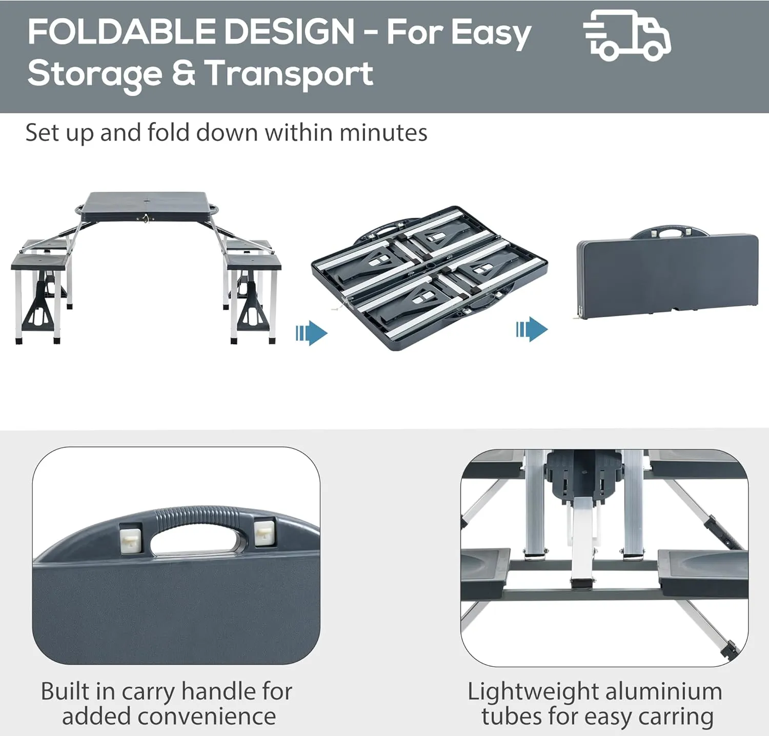 Folding Picnic Table Set with 4 Seats & Umbrella Hole, Portable Camping Chairs, Lightweight Aluminum Frame, Easy Setup & Takedown for Camping & Outdoor Activities, Dark Grey