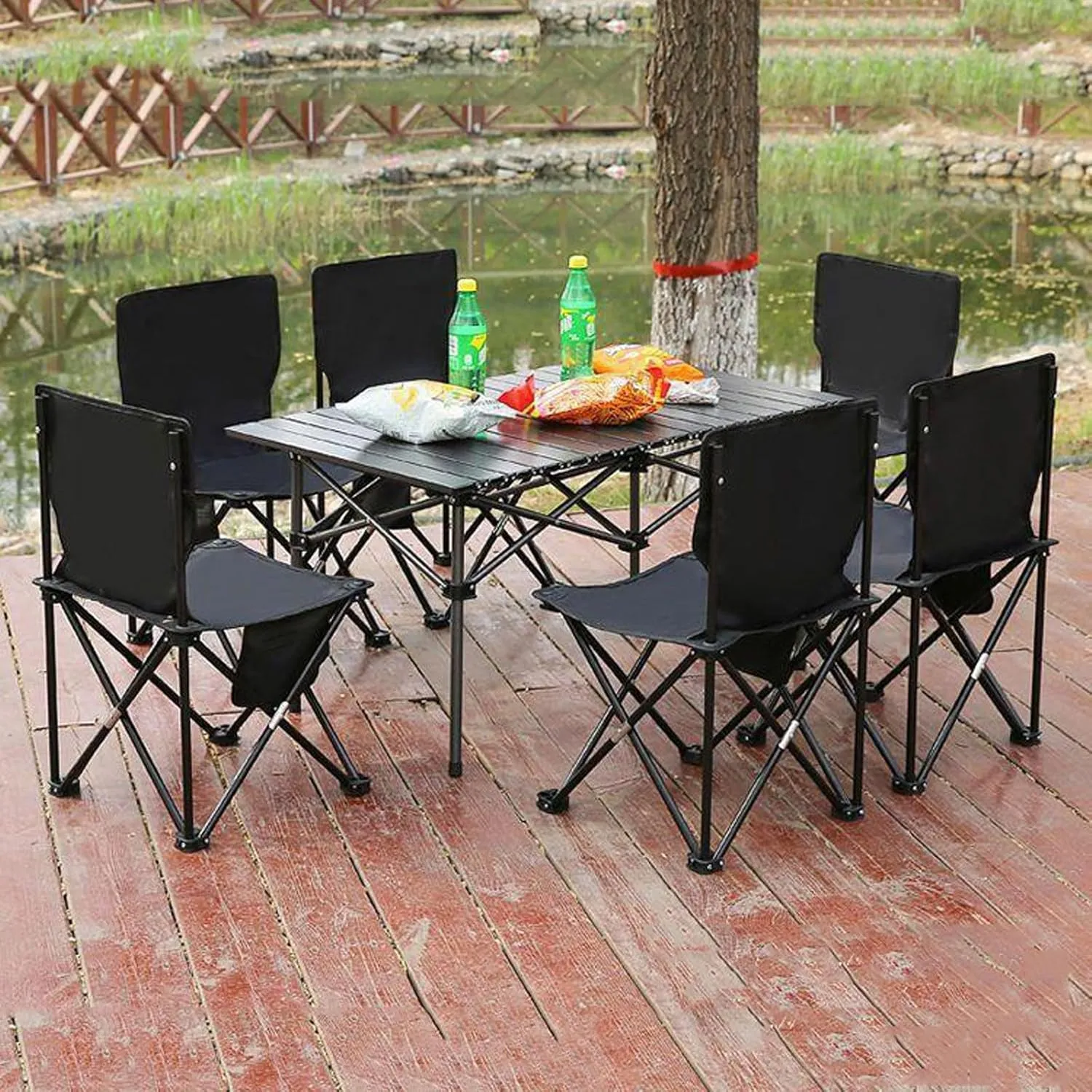 Folding Picnic Tables Portable Ultralight Hiking Chairs Outdoor Beach Camping Chair Set with Roll up Carbon Steel Camping Tables and Net Bag, 95cm-black-5pcs