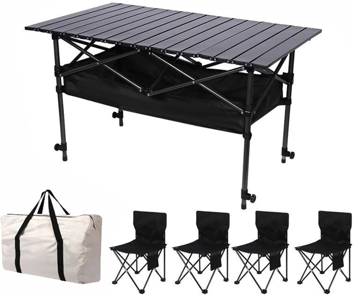 Folding Picnic Tables Portable Ultralight Hiking Chairs Outdoor Beach Camping Chair Set with Roll up Carbon Steel Camping Tables and Net Bag, 95cm-black-5pcs