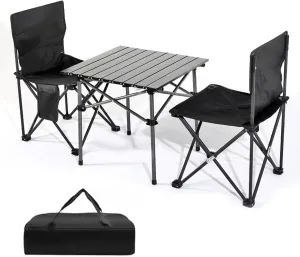 Folding Table airs Sets, Aluminum Foldable Picnic Table Portable Camping Table and airs for Picnic,Bea,Fishing,Hiking,BBQ,Parties, Patio, Black
