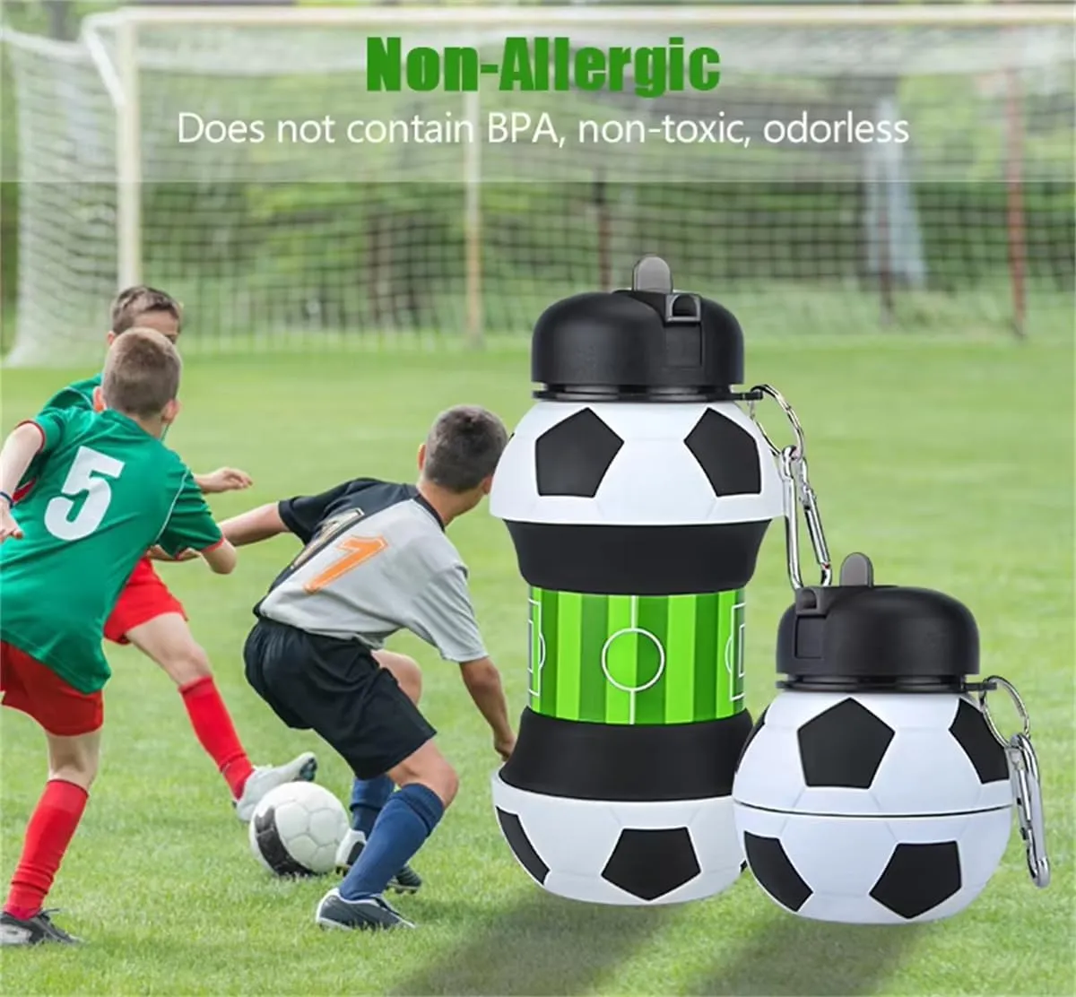 Football Water Bottle, Collapsible Silicone Water Bottle for Boys, 550ml Bpa Free Leakproof Sports Water Jugs, 100 percent food grade Silicone, for Outdoor Hiking (Football)