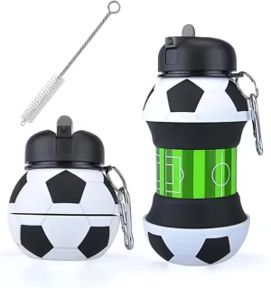 Football Water Bottle, Collapsible Silicone Water Bottle for Boys, 550ml Bpa Free Leakproof Sports Water Jugs, 100 percent food grade Silicone, for Outdoor Hiking (Football)
