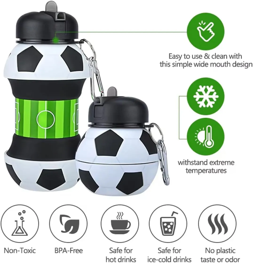 Football Water Bottle, Collapsible Silicone Water Bottle for Boys, 550ml Bpa Free Leakproof Sports Water Jugs, 100 percent food grade Silicone, for Outdoor Hiking (Football)