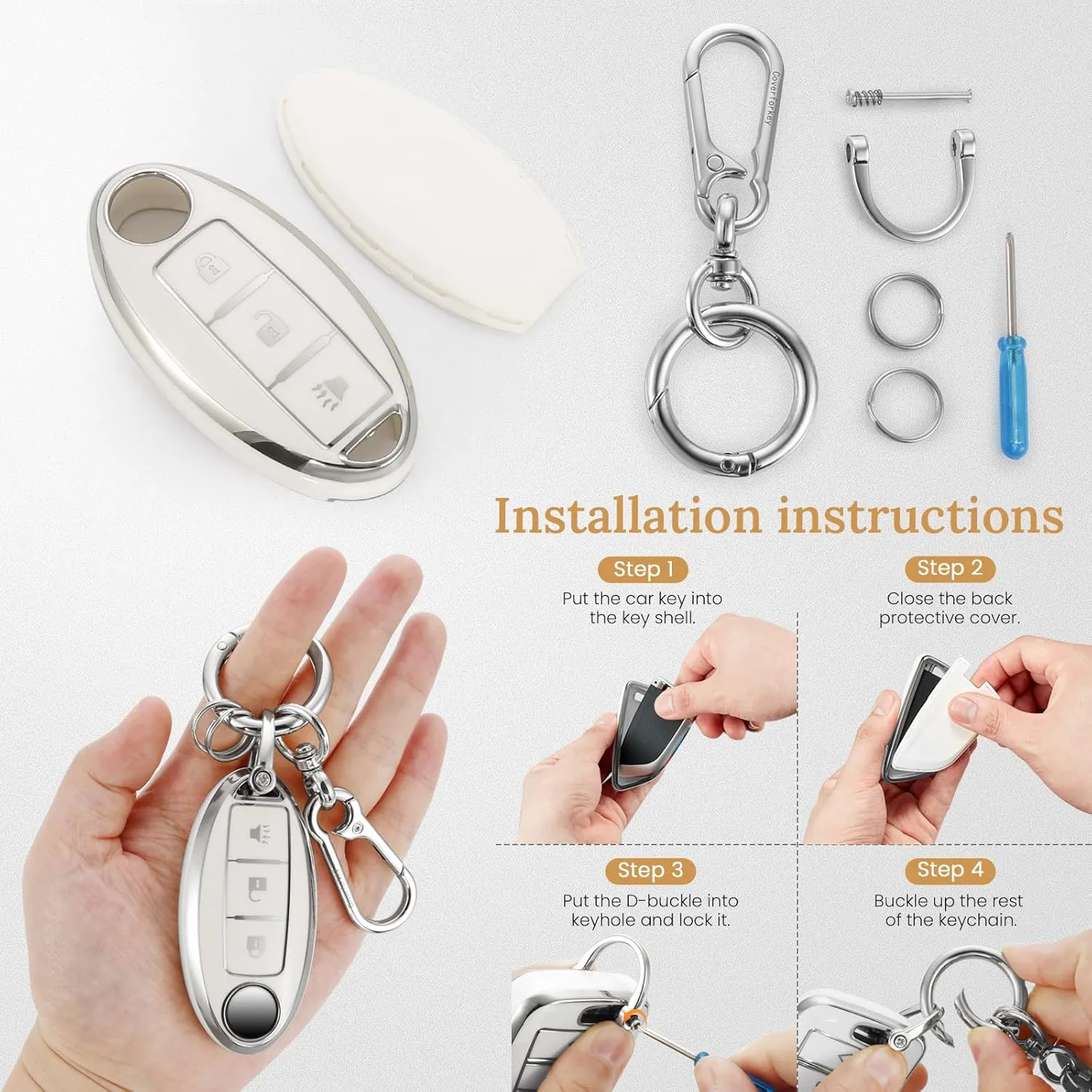 for Nissan Key Fob Cover with Upgraded Anti loss Durable Metal Keychain, Fashionable Soft Case for Murano Pathfinder Rogue Titan Versa Infiniti (3 Button) Key (Silver, A1)