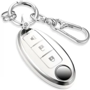 for Nissan Key Fob Cover with Upgraded Anti loss Durable Metal Keychain, Fashionable Soft Case for Murano Pathfinder Rogue Titan Versa Infiniti (3 Button) Key (Silver, A1)