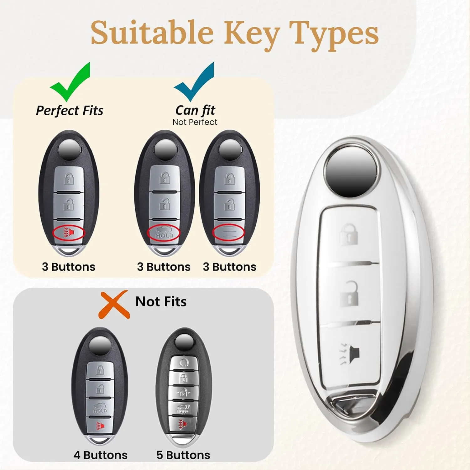 for Nissan Key Fob Cover with Upgraded Anti loss Durable Metal Keychain, Fashionable Soft Case for Murano Pathfinder Rogue Titan Versa Infiniti (3 Button) Key (Silver, A1)
