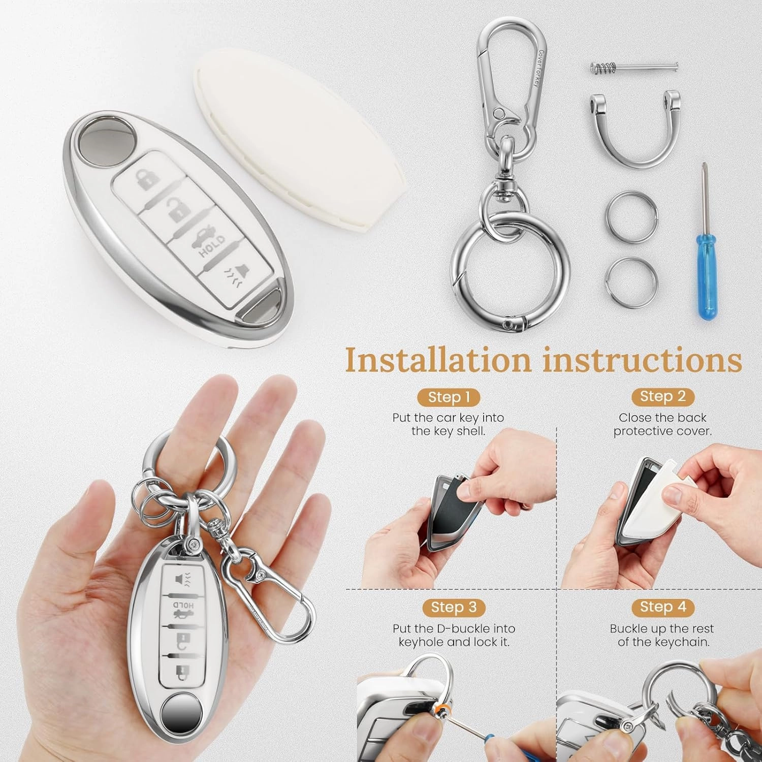 for Nissan Key Fob Cover with Upgraded Anti loss Durable Metal Keychain, Fashionable Soft Case for Murano Pathfinder Rogue Titan Versa Infiniti (4 Button) Key (Silver, A1)