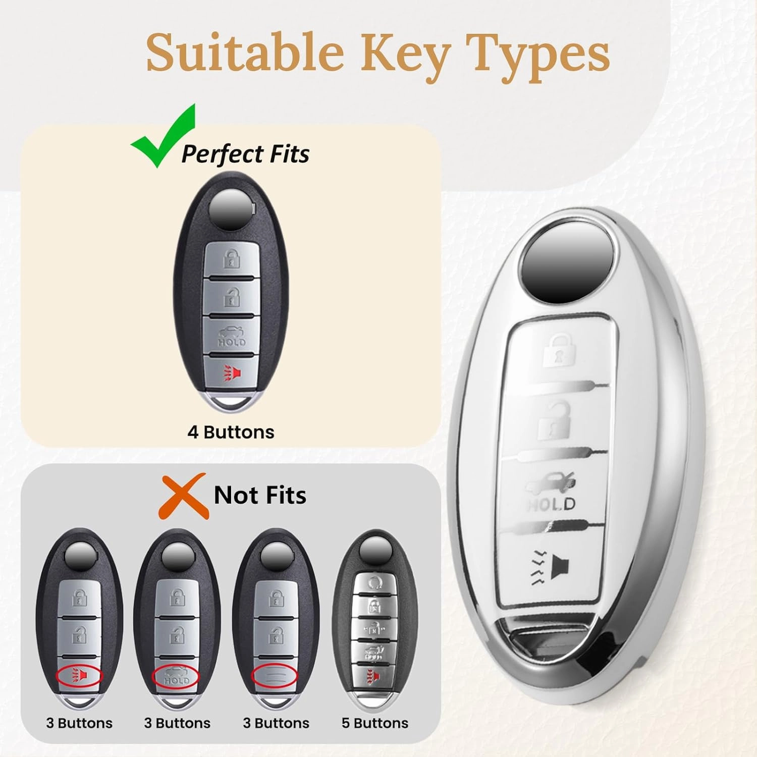 for Nissan Key Fob Cover with Upgraded Anti loss Durable Metal Keychain, Fashionable Soft Case for Murano Pathfinder Rogue Titan Versa Infiniti (4 Button) Key (Silver, A1)