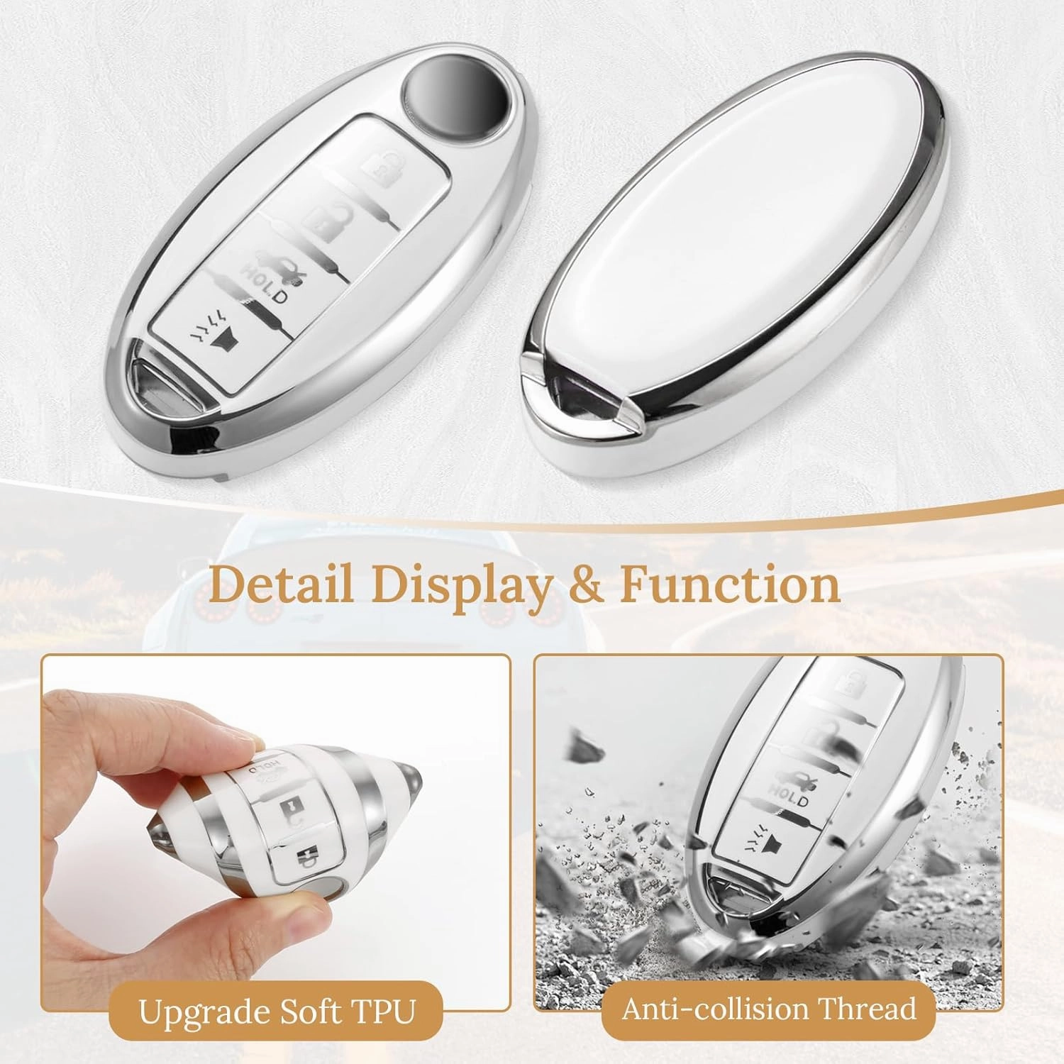 for Nissan Key Fob Cover with Upgraded Anti loss Durable Metal Keychain, Fashionable Soft Case for Murano Pathfinder Rogue Titan Versa Infiniti (4 Button) Key (Silver, A1)