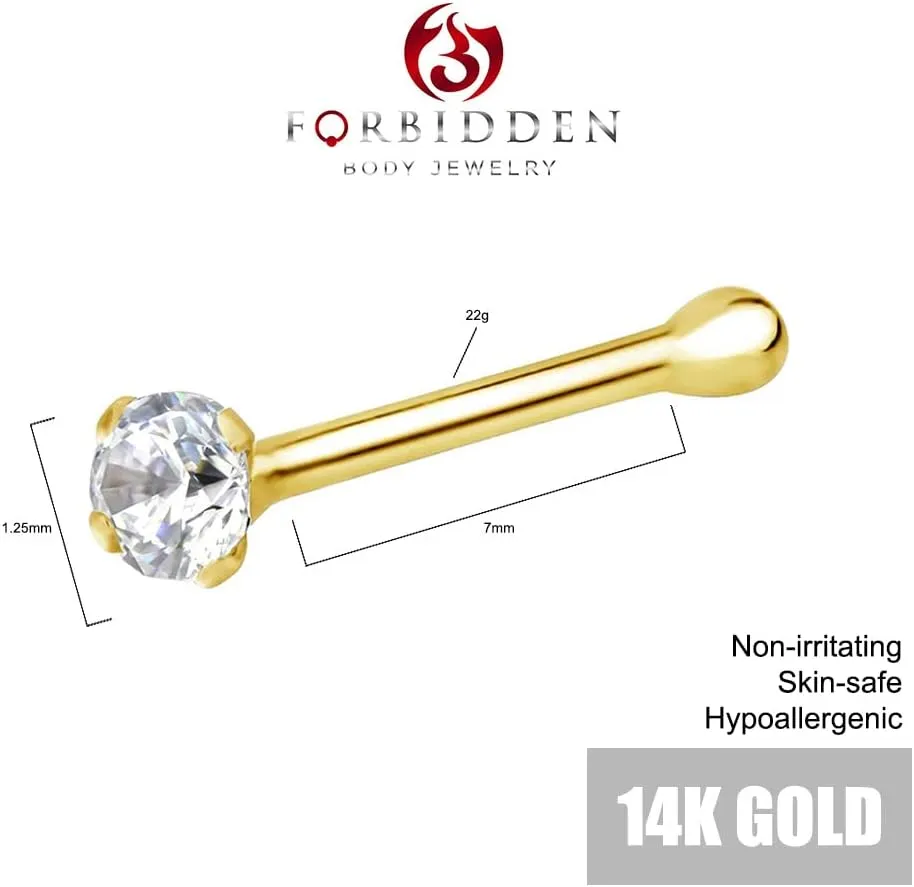 Forbidden Body Jewelry FBJ 14k Nose Ring, 22g, Solid 7mm Micro Stud, 2mm CZ Simulated Diamond, Non-Irritating Skin Safe Real Gold, Women/Men (Sold Individually)