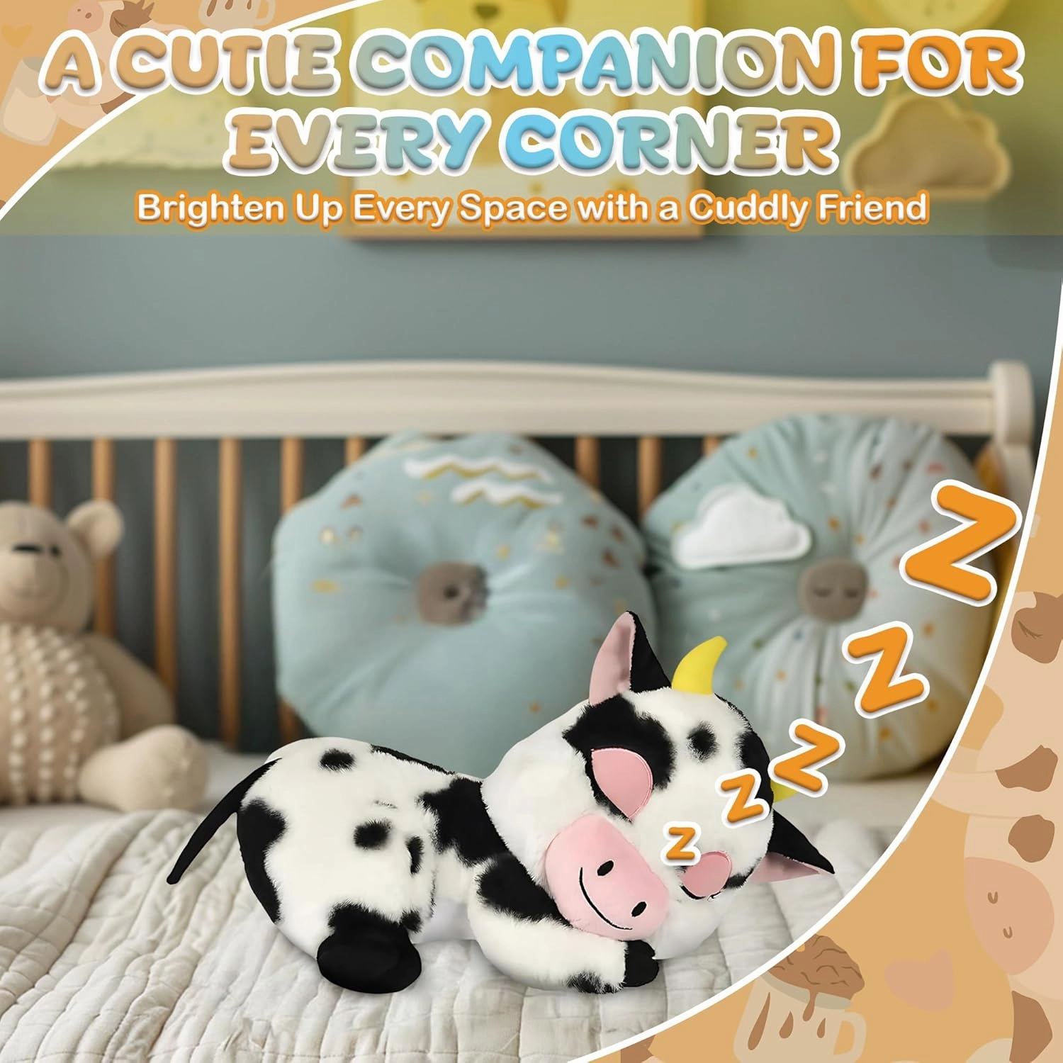 Forest & Twelfth 14.5” Dozy Stuffed Animal – Adorable Sleeping Barnyard Large Stuffed Animals for Babies, Infants, and Toddlers, Adorable Big Plushies Ideal as Home Decor, Cuddle Pillow (Cow)