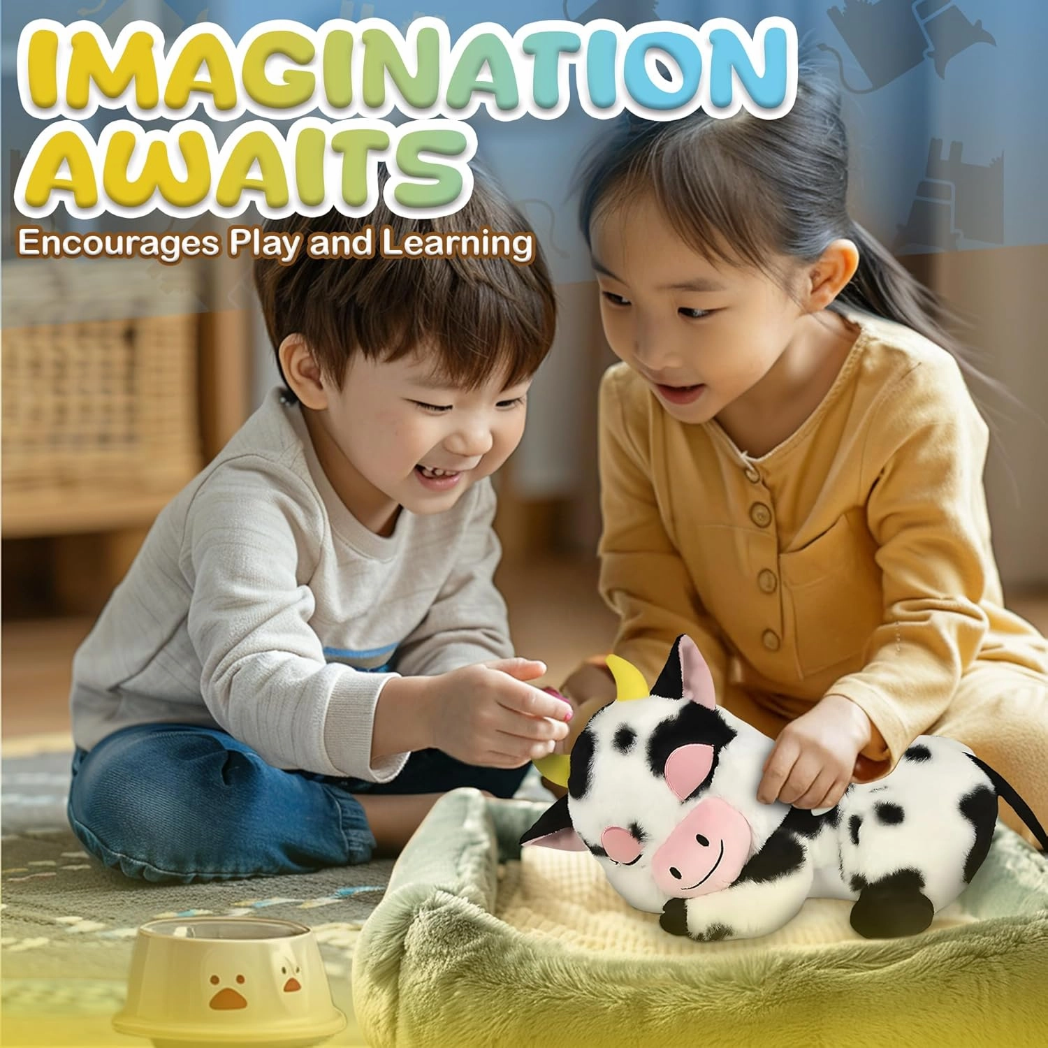 Forest & Twelfth 14.5” Dozy Stuffed Animal – Adorable Sleeping Barnyard Large Stuffed Animals for Babies, Infants, and Toddlers, Adorable Big Plushies Ideal as Home Decor, Cuddle Pillow (Cow)