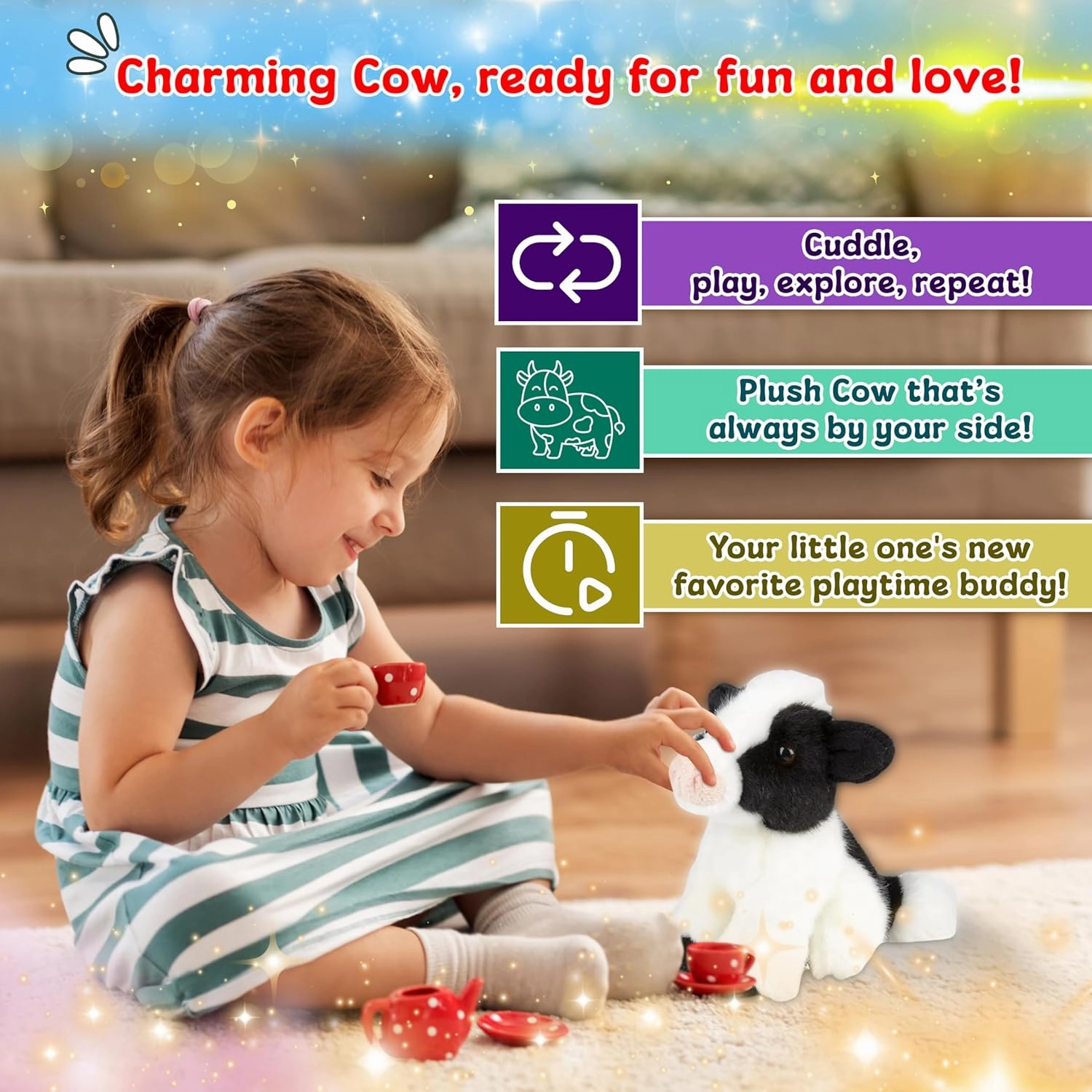 Forest & Twelfth 6" Stuffed Cow Soft Plush Toy, Cute Stuffed Animal for Boys and Girls, Realistic Looking Small Stuffed Animals, Nursery and Room Decor (6" Cow)