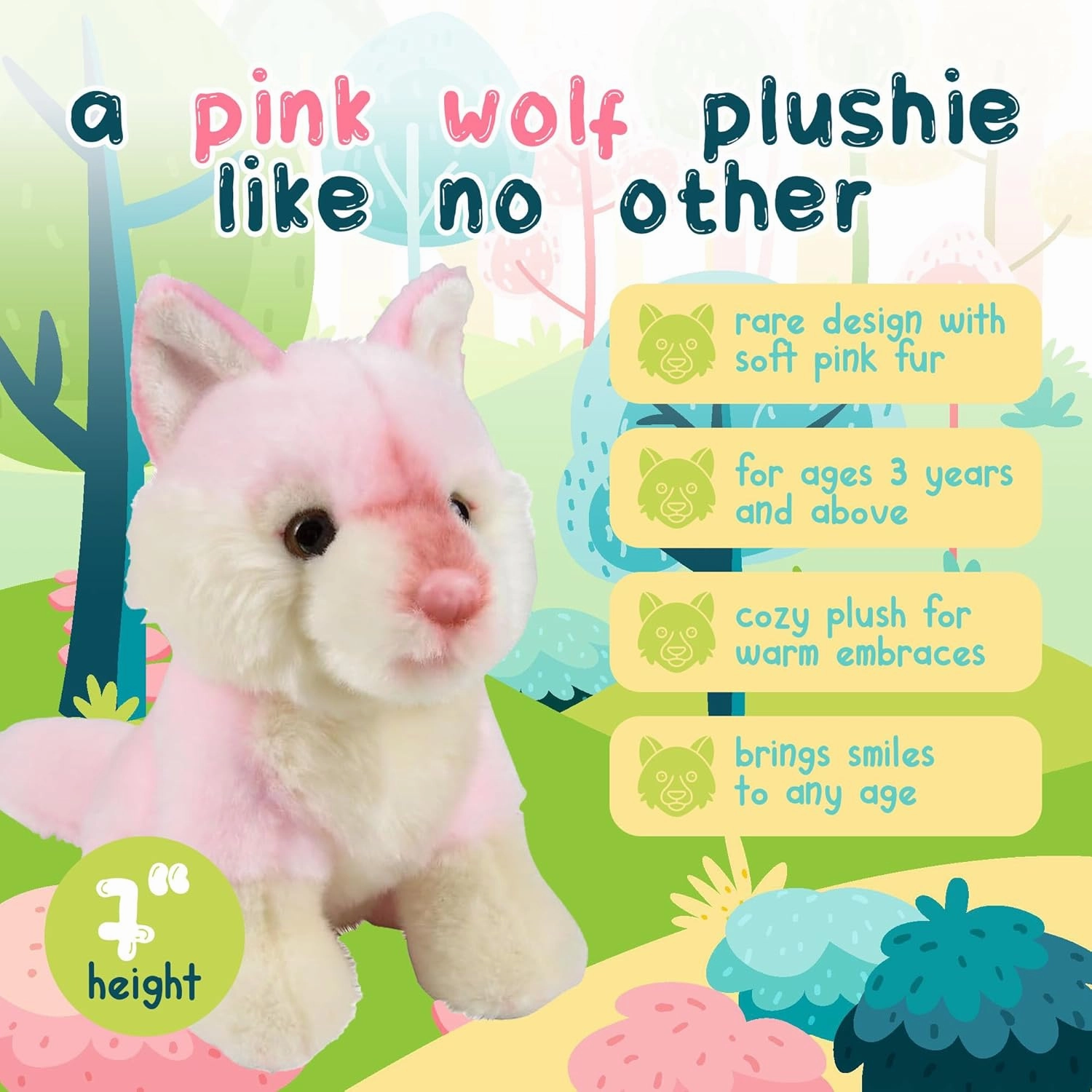 Forest & Twelfth 7" Stuffed Pink Wolf, Soft Plush Toy, Cute Stuffed Animal for Boys and Girls, Realistic Looking Small Stuffed Wolf, Nursery and Room Decor (7" Pink Wolf)