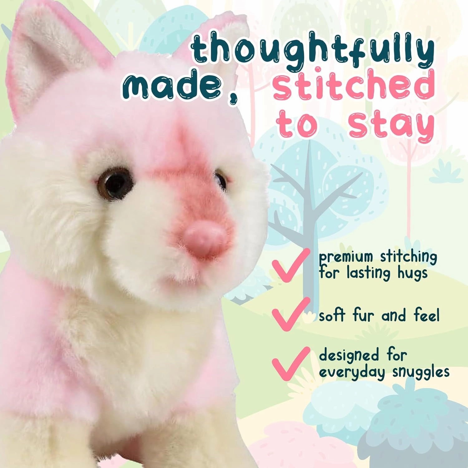 Forest & Twelfth 7" Stuffed Pink Wolf, Soft Plush Toy, Cute Stuffed Animal for Boys and Girls, Realistic Looking Small Stuffed Wolf, Nursery and Room Decor (7" Pink Wolf)