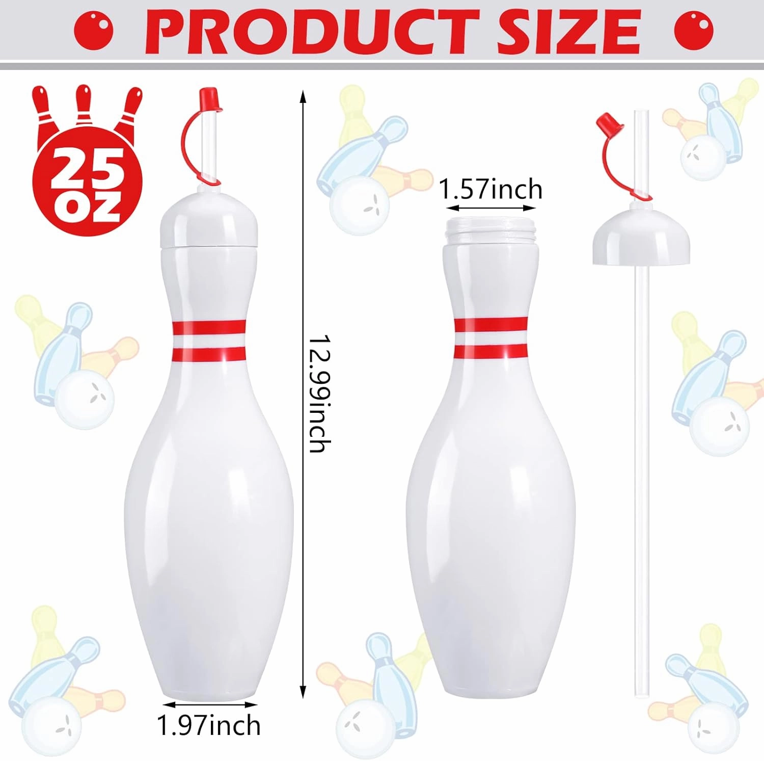 Funtery 24 Set Bowling Lovers Gifts for Men Women 25 oz Reusable Bowling Pin Plastic Water Bottles with Straws and Lids Sports Fans Party Favors