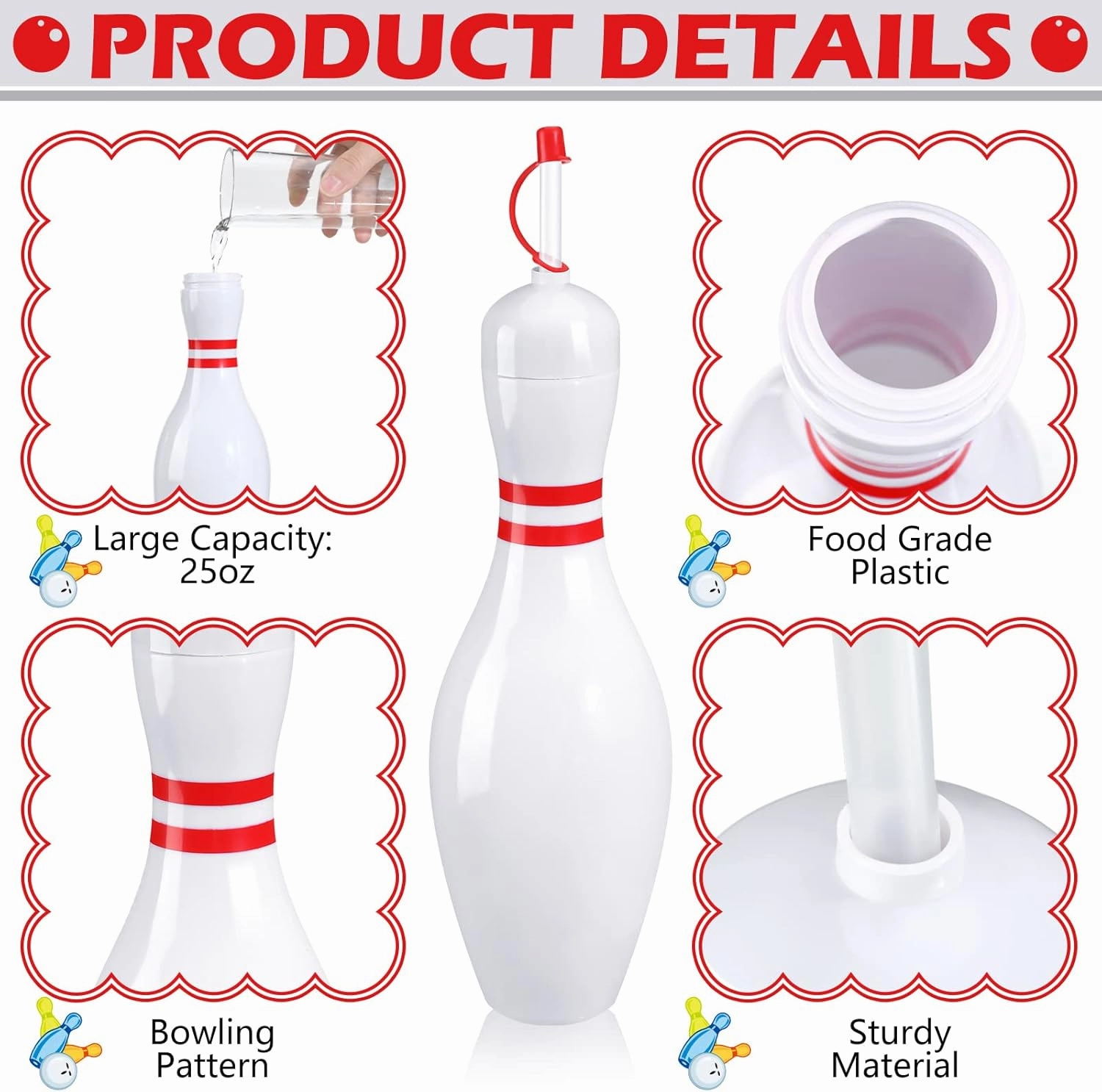 Funtery 24 Set Bowling Lovers Gifts for Men Women 25 oz Reusable Bowling Pin Plastic Water Bottles with Straws and Lids Sports Fans Party Favors