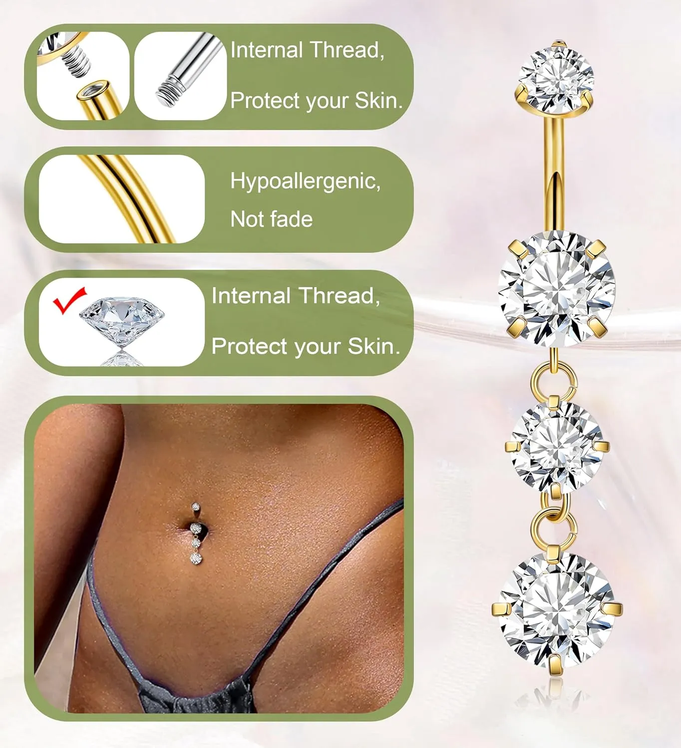 G23 Titanium Dangle Belly Button Rings for Women Dangling Navel Rings CZ Belly Rings Curved Barbell Internally Threaded Belly Piercing Jewelry