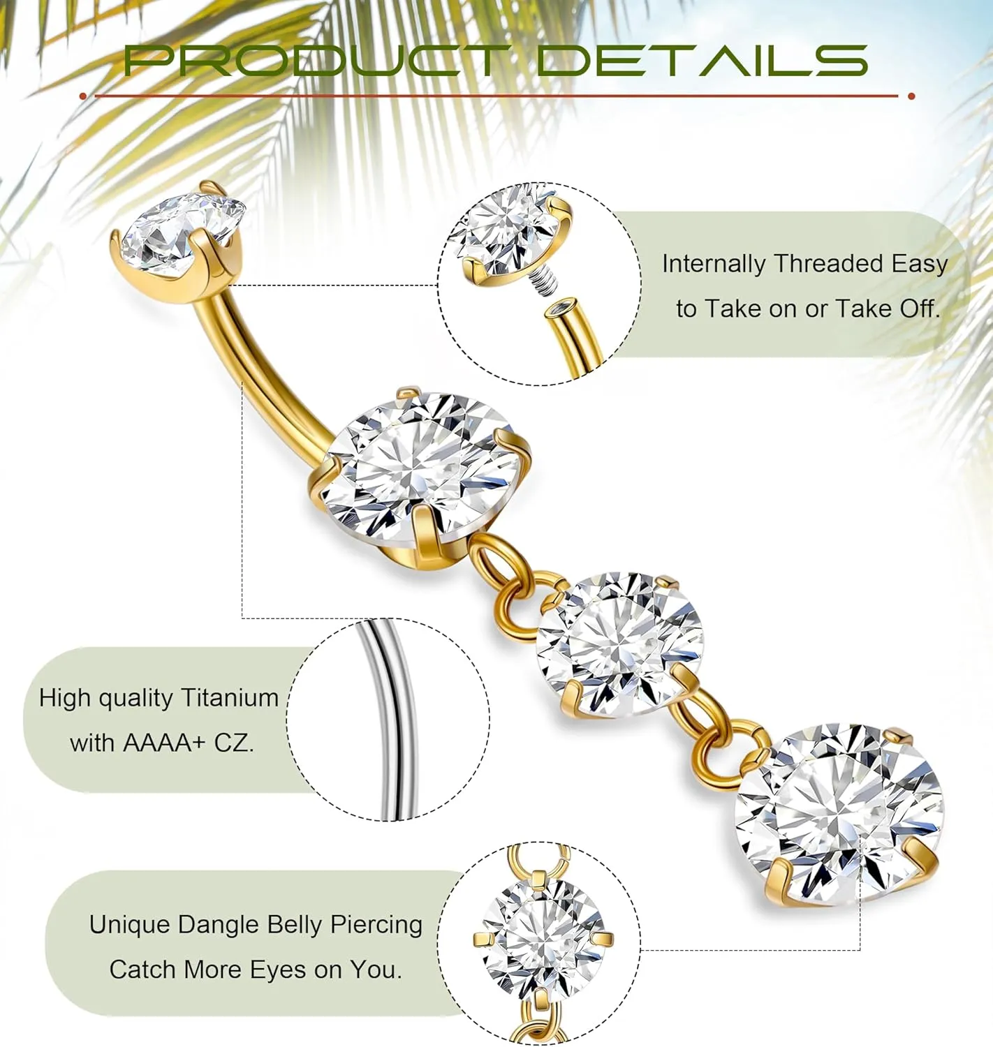 G23 Titanium Dangle Belly Button Rings for Women Dangling Navel Rings CZ Belly Rings Curved Barbell Internally Threaded Belly Piercing Jewelry