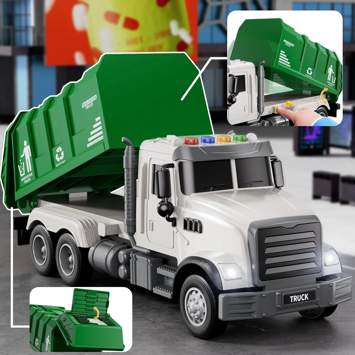 Garbage Truck Toy for Kids 1 2 3 4 5 6 Years Old - Sanitation Vehicle Set, Friction Powered Recycle Truck Playset with Sound Light, City Car Toys for Boys 3-8, Toddler Birthday Gift Toys