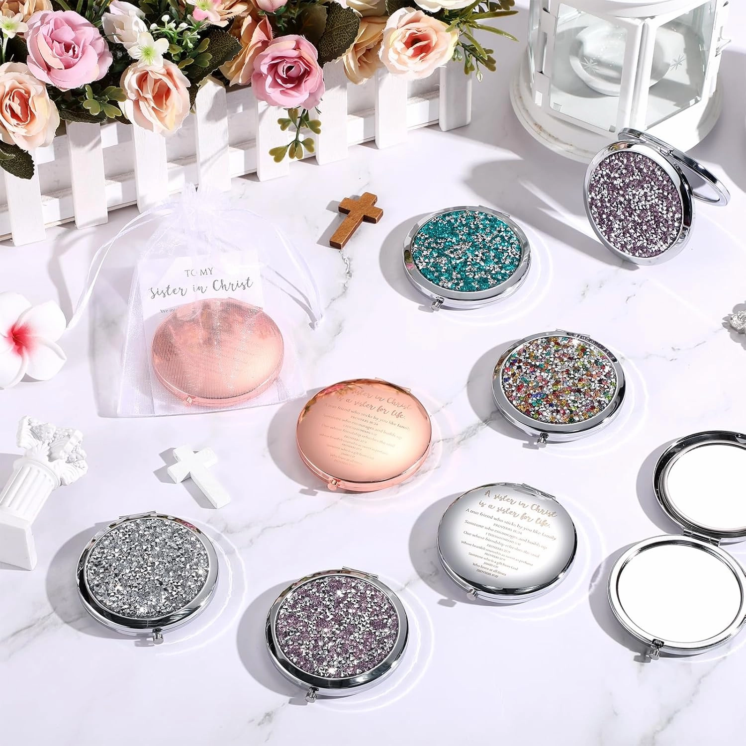 Geetery 10 Set Christian Compact Mirrors Bulk Sisters in Christ Pocket Mirrors Religious Faith Church Gifts End of Year Graduation Gifts for Women Friend Bestie Niece Purses(10 Set,Multicolor)