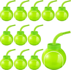 Gerrii 12 Sets Tennis Ball Party Cups with Straws and Lids 10oz Plastic Cups Bulk for Kids Birthday Tennis Party Favors Decorations Supplies Gifts