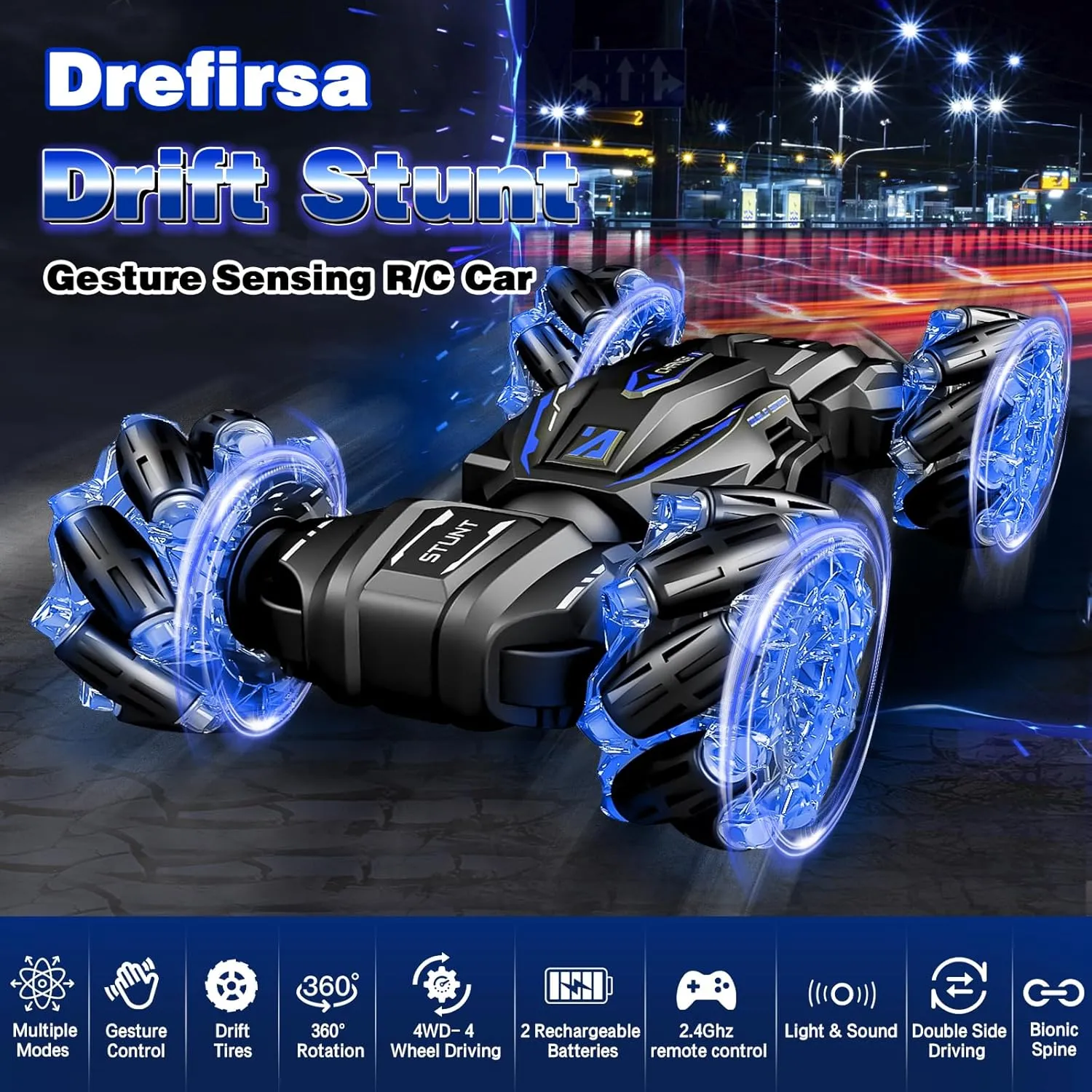 Gesture Sensing RC Stunt Car Toy for Boy Age 5-7 8-13, Birthday Gift for Boy, 4WD Hand Controlled Remote Control Car with Rotate, Drift, Twist, Colorful Light, Music