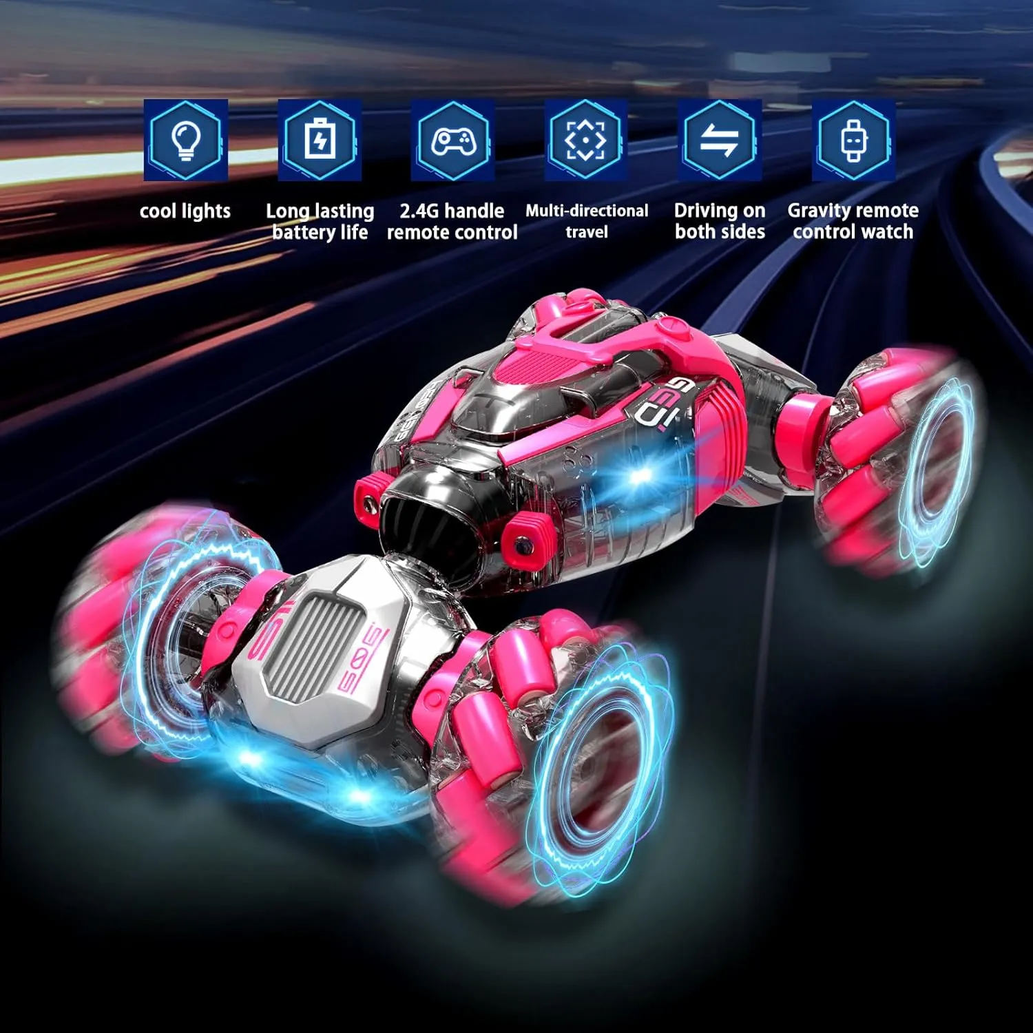 Gesture Sensing RC Stunt Car Toys for 6-12 yr Boys&Girls, 2.4 GHz Double-Sided Driving 360-degree Flips Rotating 4WD All-Terrain RC Car Toy, Best Birthday Gifts for Kids(Pink)