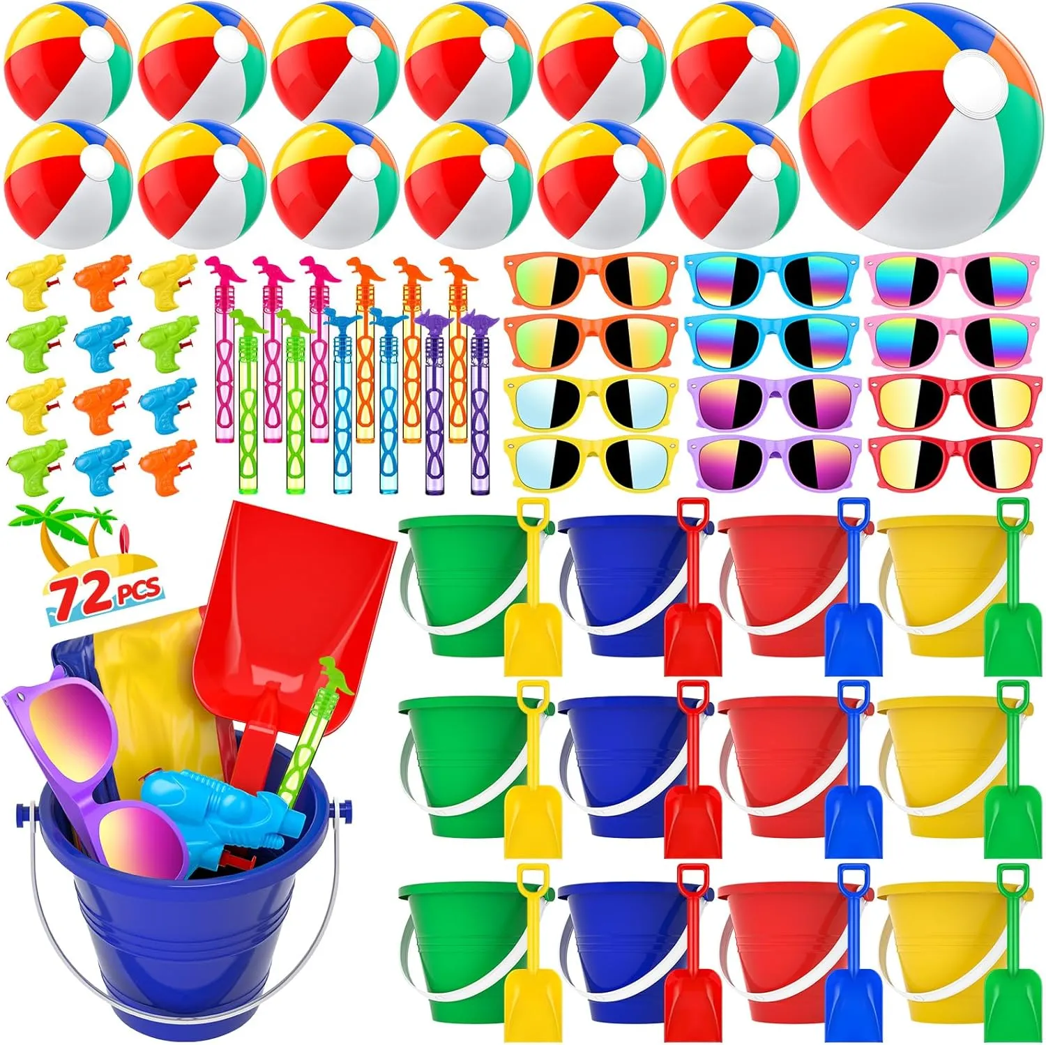 GIFTINBOX Mega Pool Party Beach Favors - 72pcs Toys For Kids Ages 3 4 5 6 7 8 Balls Bulk, Sand Toys, Sunglasses, Bubble Wands, Summer for Supplies Birthday