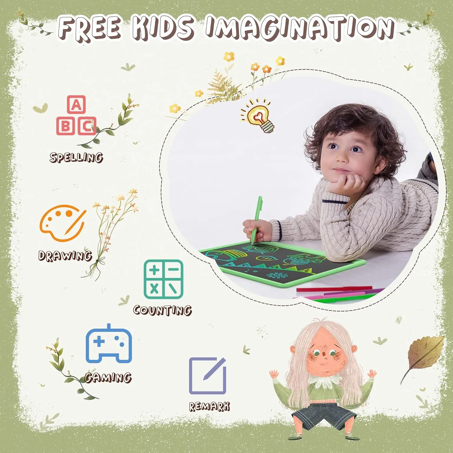 GIGART LCD Writing Tablet 15 Inch Drawing Tablet Magic Doodle Board Drawing Pad, Electronic Writing Board, Educational Toys Gifts for Kids and Adults at Home,School and Office (Green)