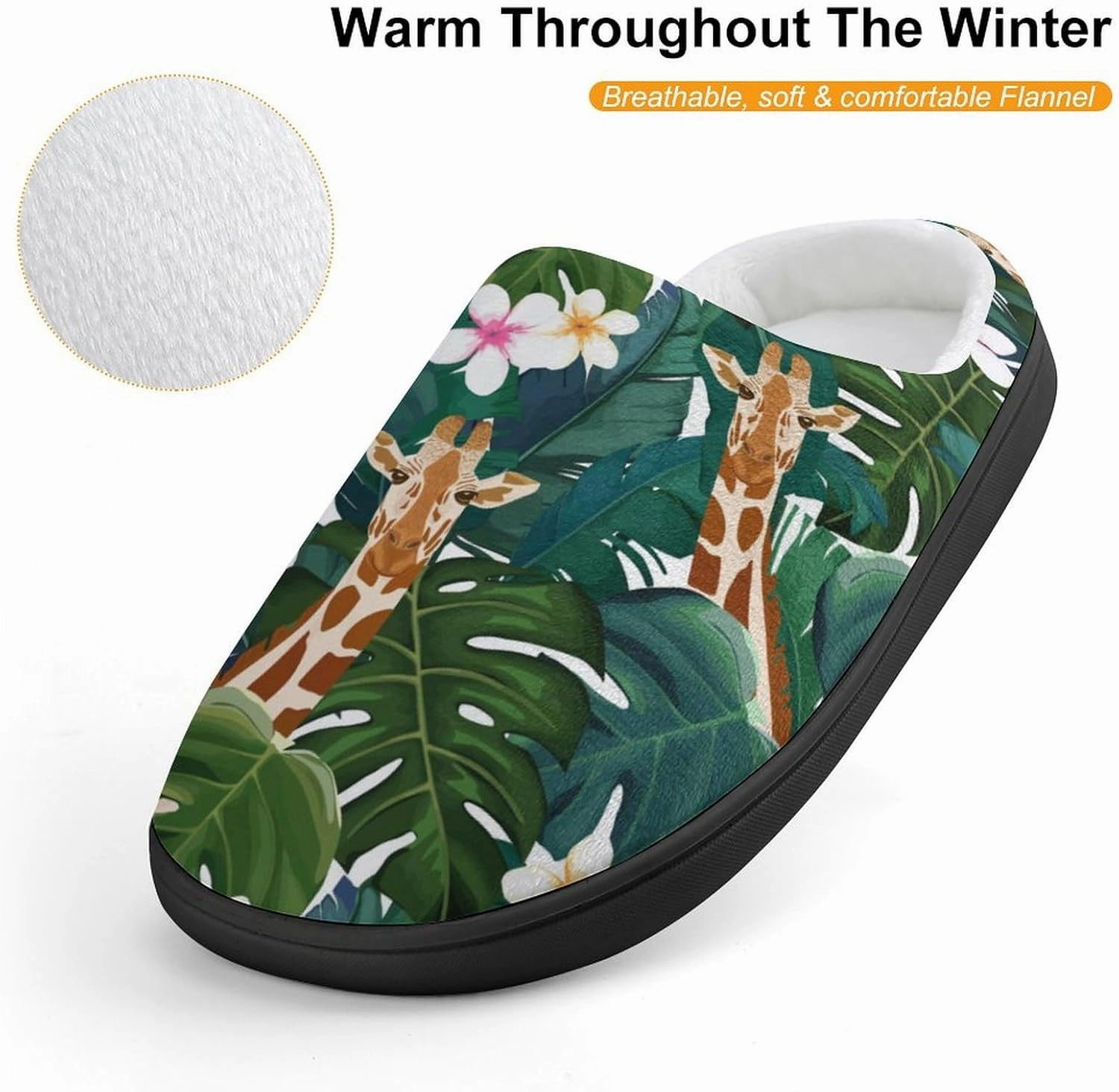 Giraffe And Hibiscus Flower Print Slippers for Boys Girls Home Cotton Slippers Non-Slip Warm Little Kids Slippers