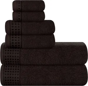GLAMBURG 100% Cotton Ultra Soft 6 Pack Towel Set, Contains 2 Bath Towels 28x55 Inches, 2 Hand Towels 16x24 Inch & 2 WashCoths 12x12 Inches, Compact Absorbent Lightweight & Quickdry - Chocolate Brown