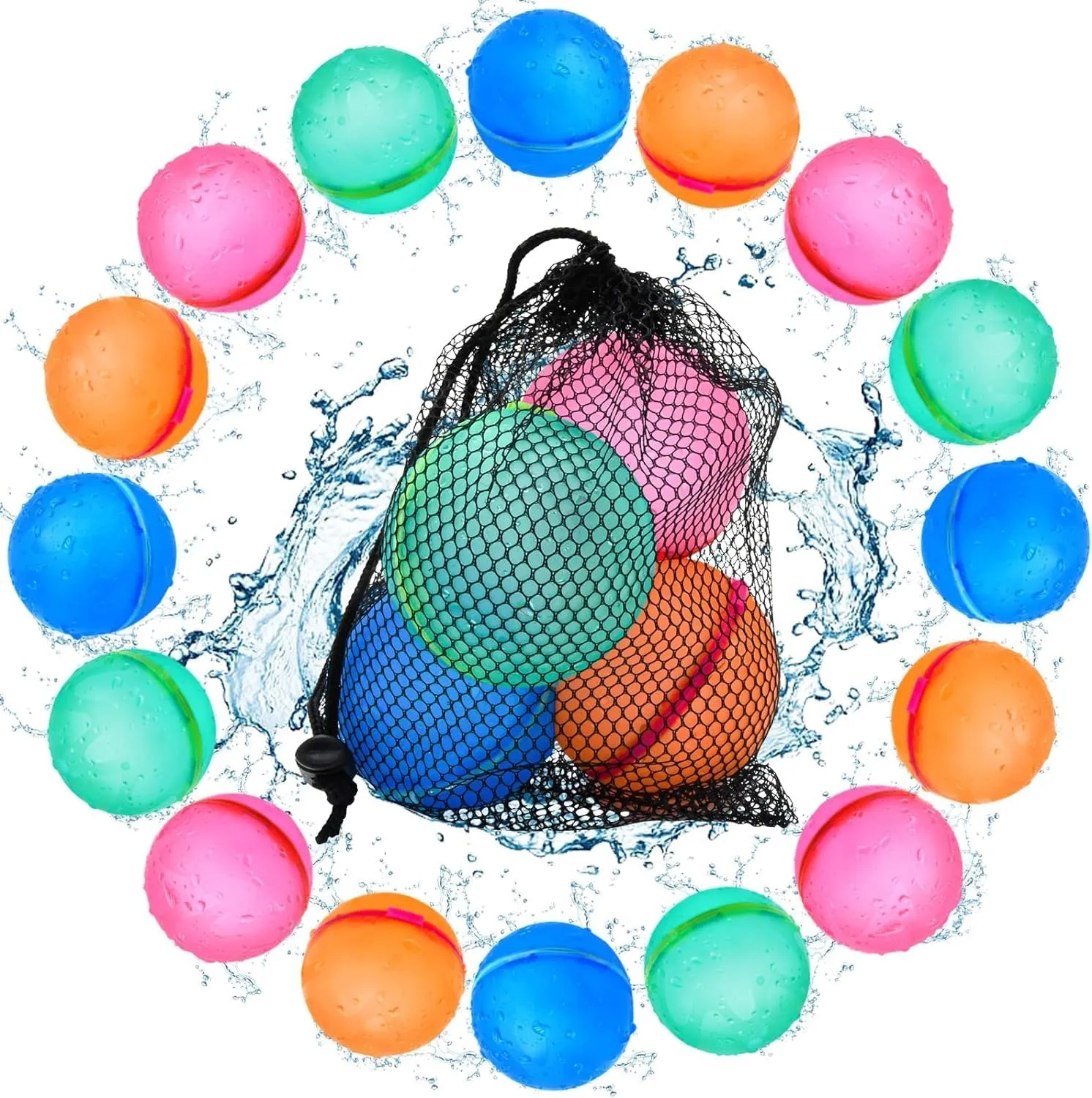 Glimzify12 Pcs Magnetic Reusable Water Balloons Quick Fill Toys for Toddlers Outdoor Pool Toys, Self Sealing Splash Ball Water Bomb Silicone Refillable Magnetic Water Balloons for Water with Mesh Bag
