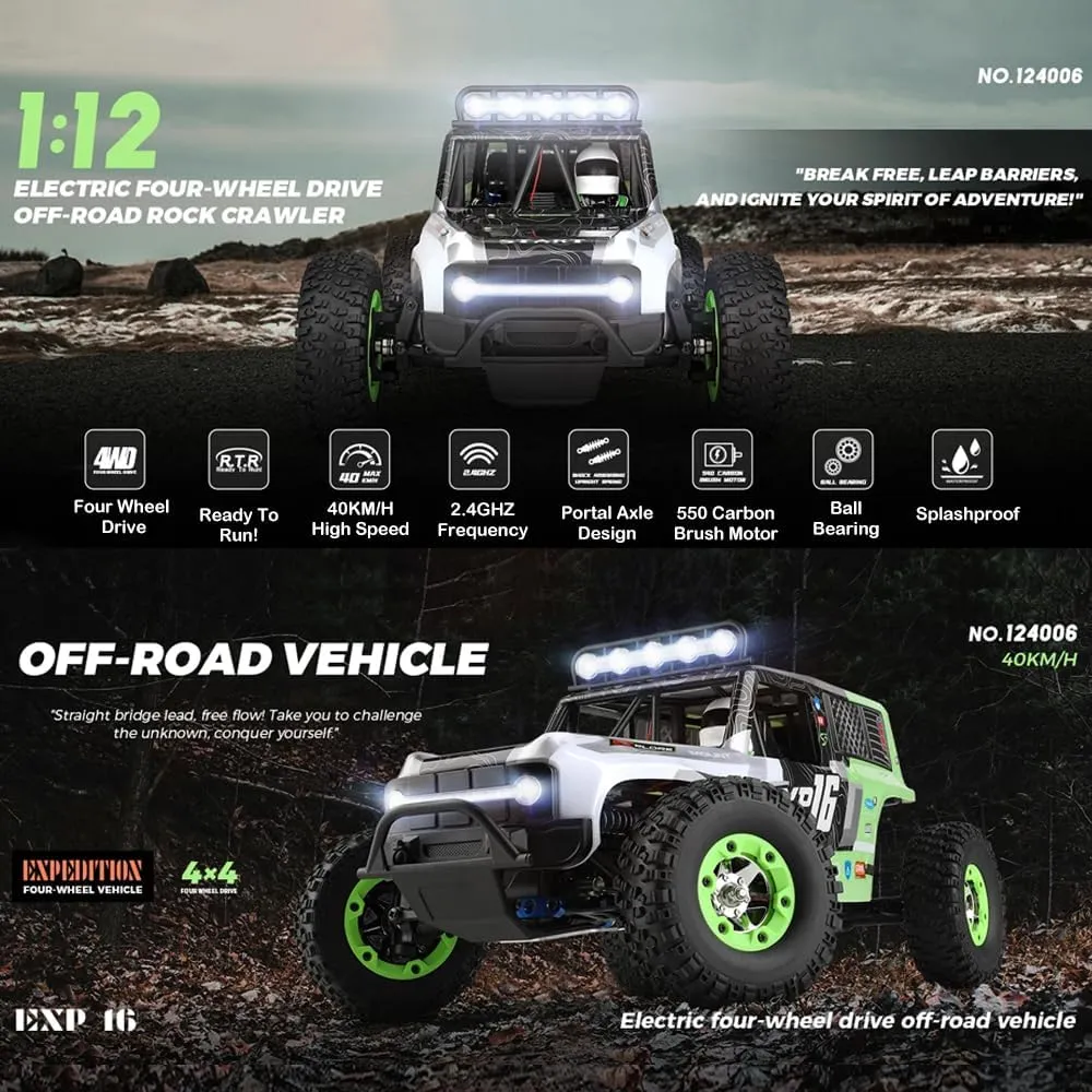 GoolRC WLtoys 124006 RC Car, 1:12 Scale Remote Control Car, 4WD 40KM/H High Speed RC Truck, 2.4GHz Off-Road RC Crawler RTR with LED Lights for Kids and Adults (Red)